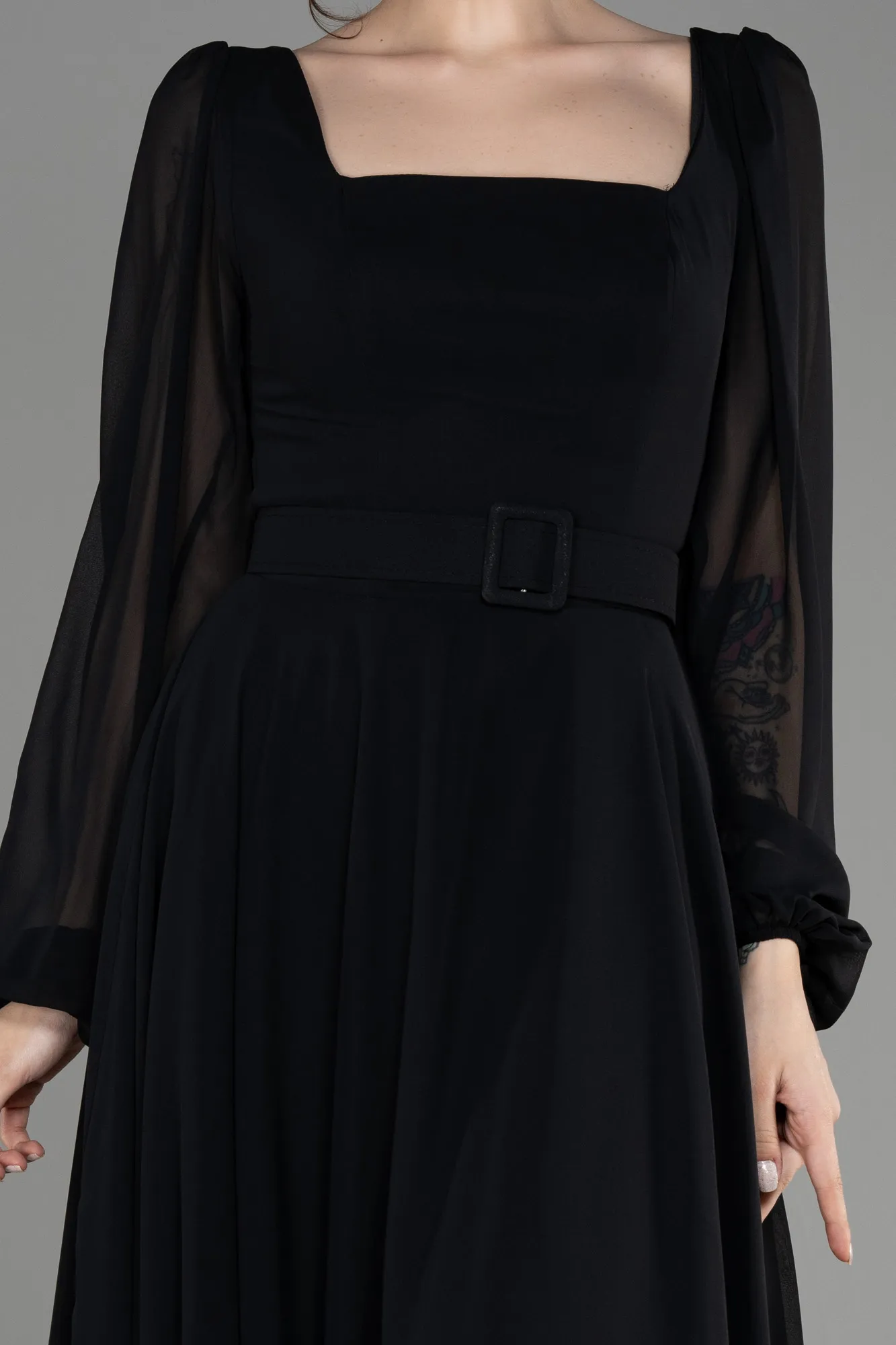 Black-Long Sleeve Midi Chiffon Cocktail Dress ABK2026