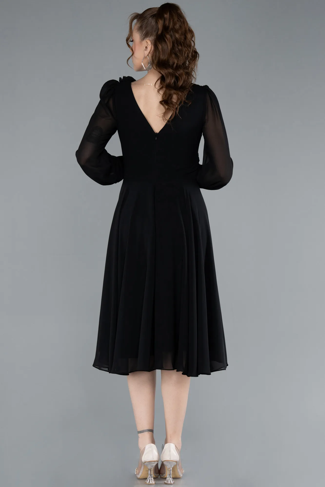 Black-Long Sleeve Midi Chiffon Cocktail Dress ABK2268