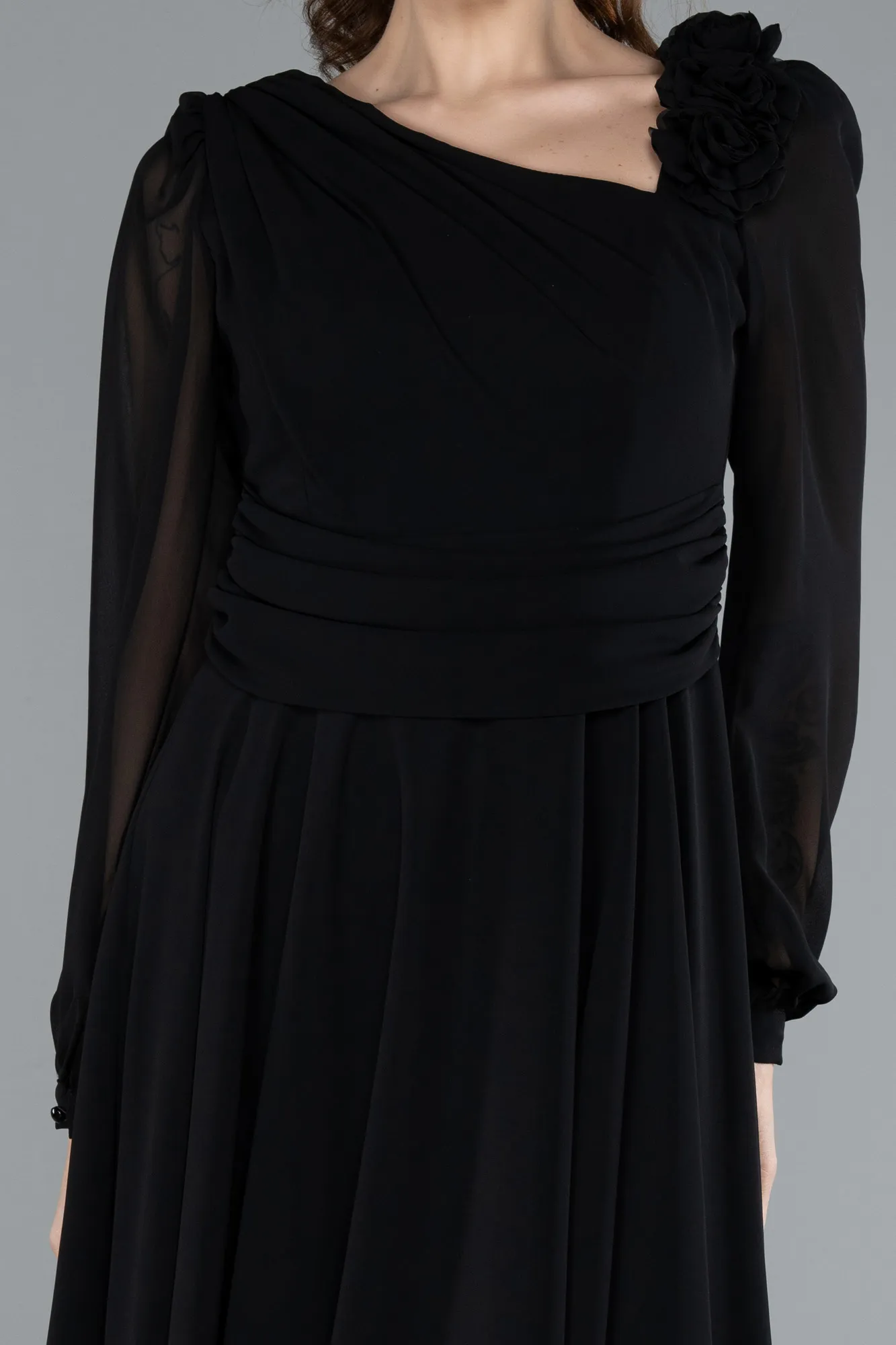 Black-Long Sleeve Midi Chiffon Cocktail Dress ABK2268