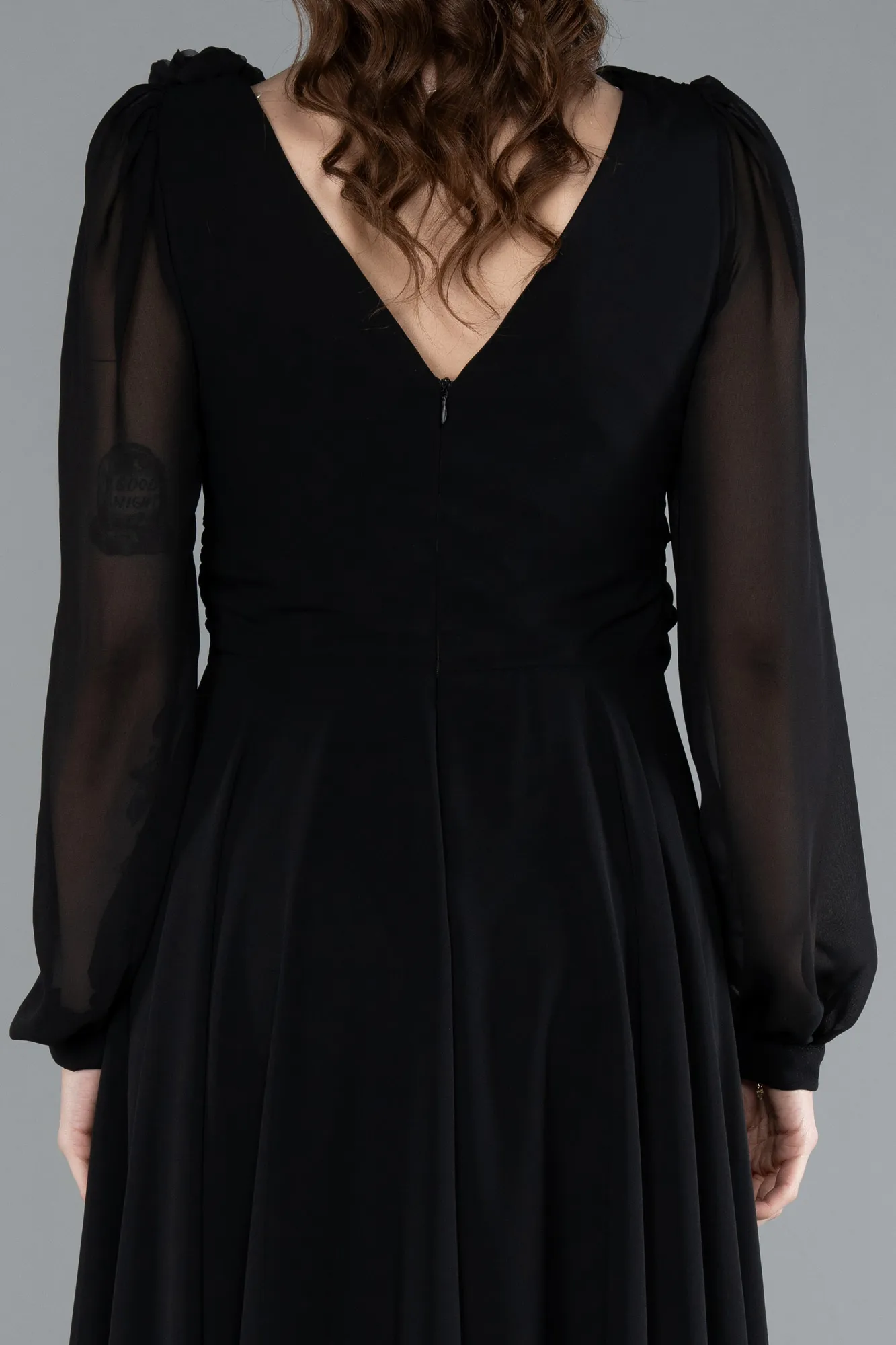 Black-Long Sleeve Midi Chiffon Cocktail Dress ABK2268