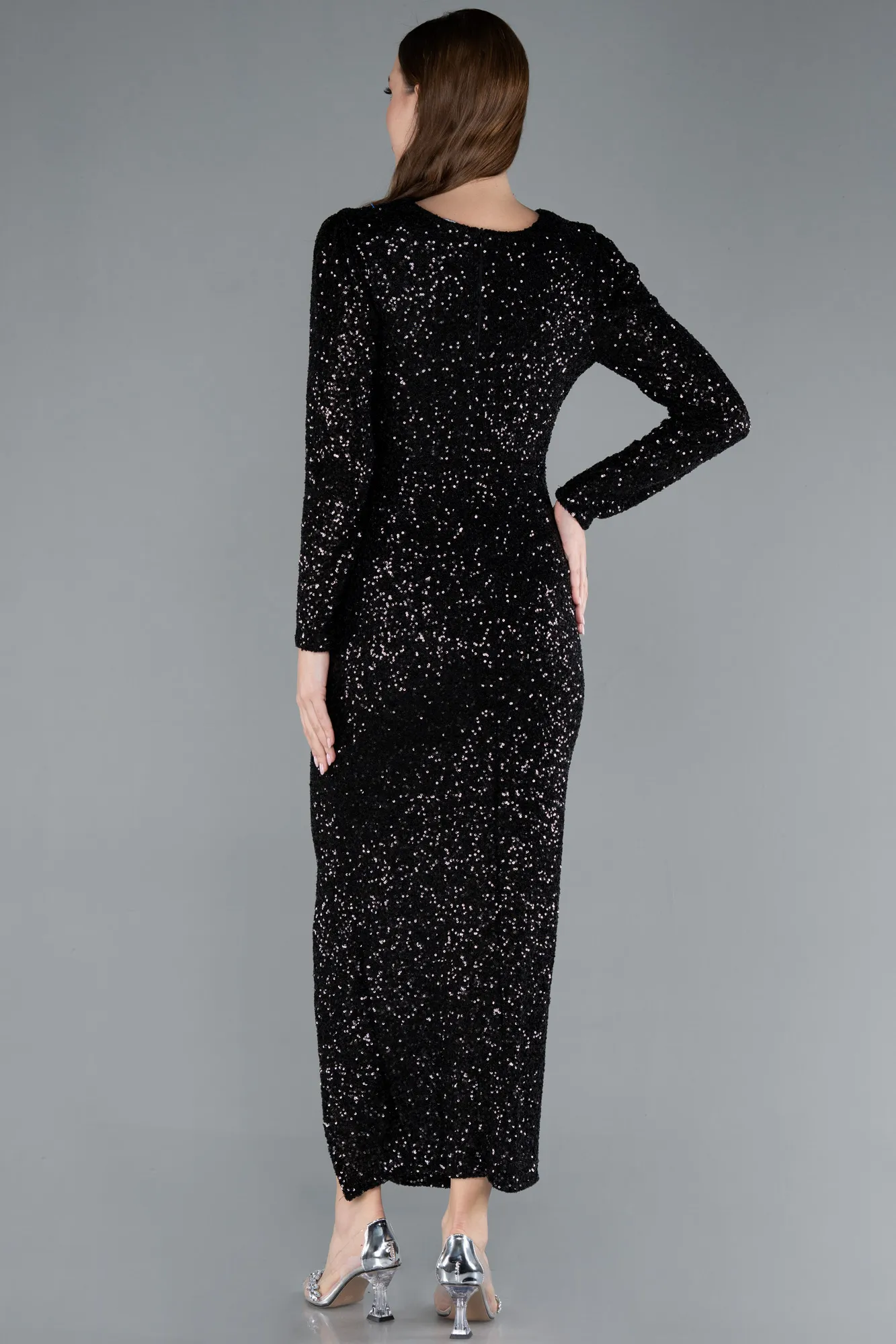 Black-Long Sleeve Neck Sequin Midi Cocktail Dress ABK2284