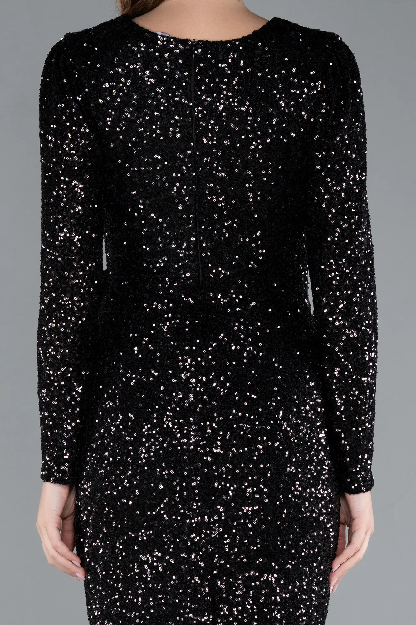 Black-Long Sleeve Neck Sequin Midi Cocktail Dress ABK2284