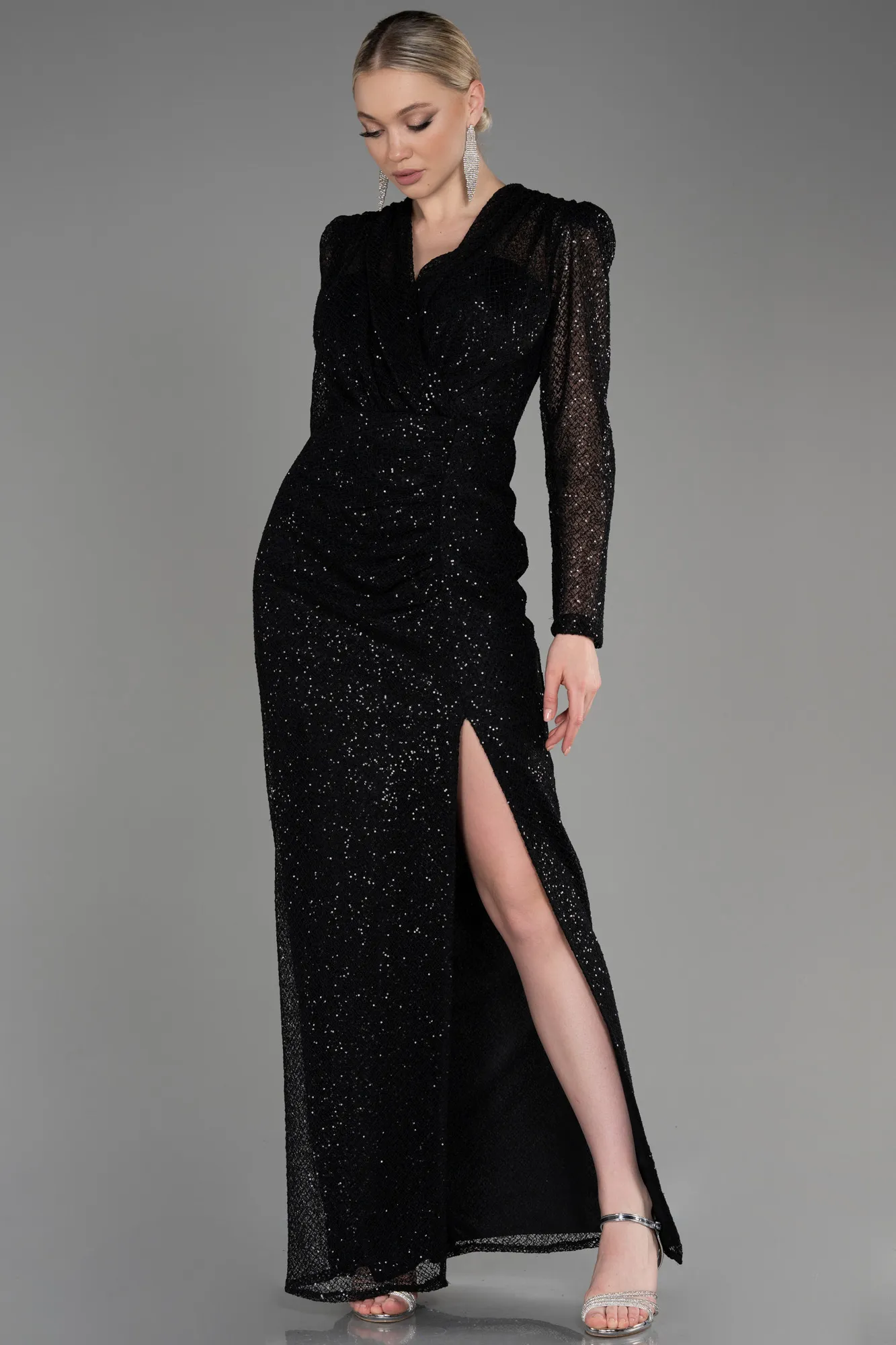 Black-Long Sleeve Scaly Evening Dress ABU3831