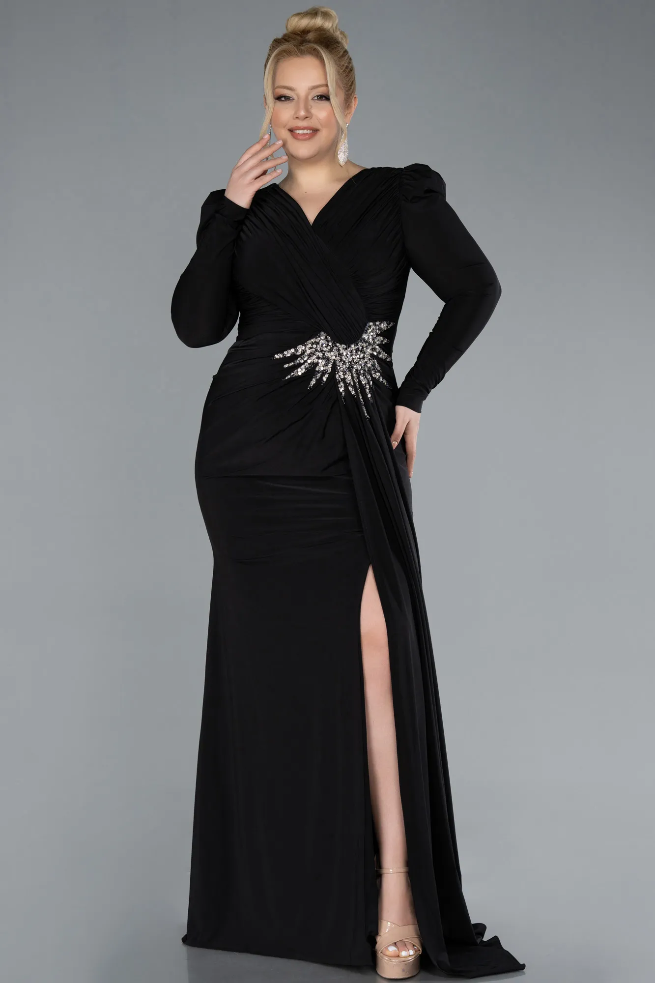Black-Long Sleeve Slit Plus Size Evening Dress ABU4682