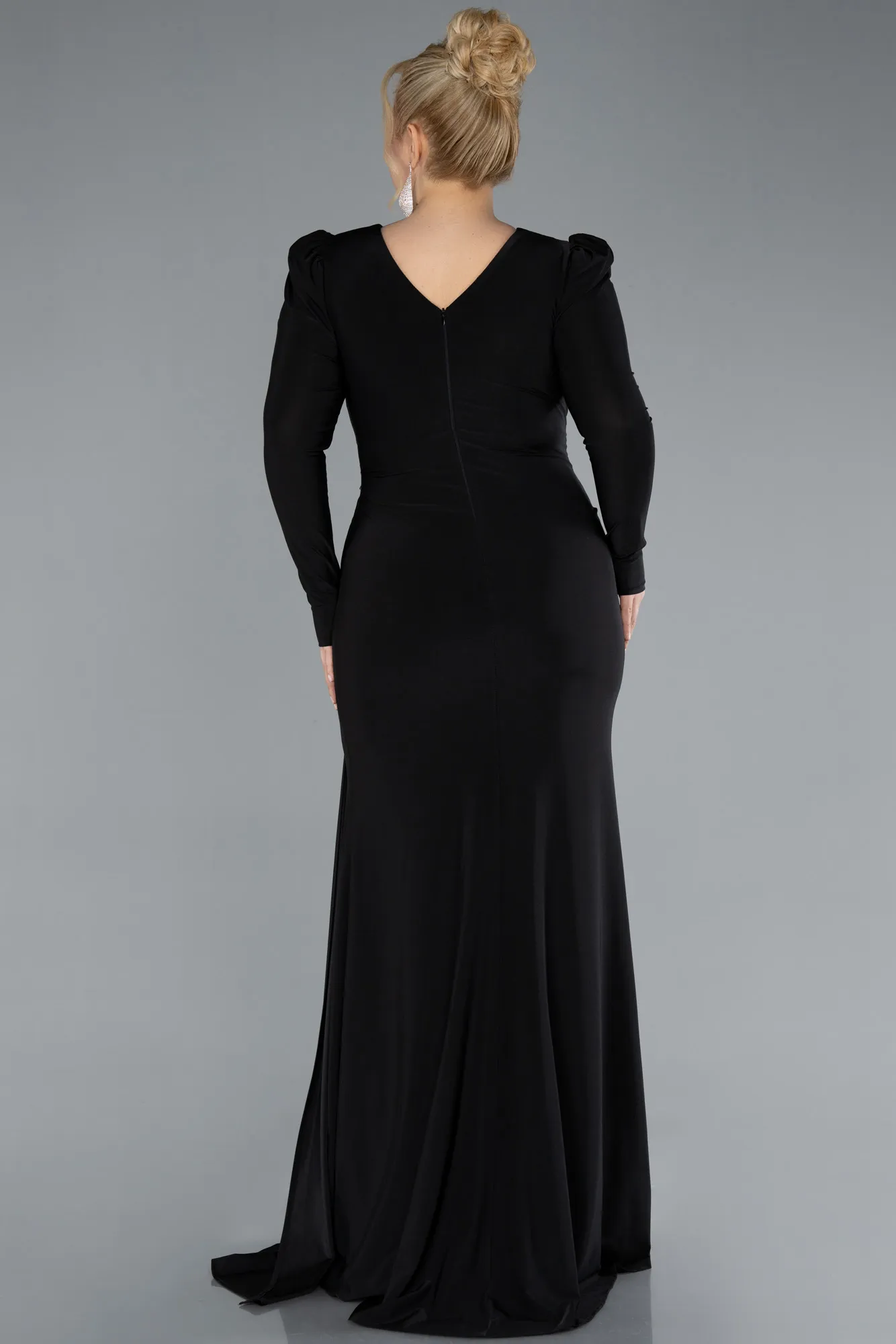Black-Long Sleeve Slit Plus Size Evening Dress ABU4682