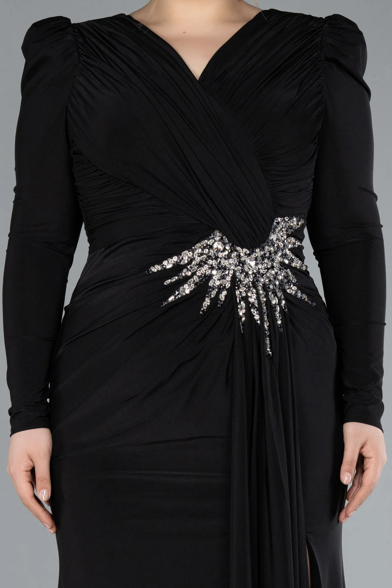 Black-Long Sleeve Slit Plus Size Evening Dress ABU4682