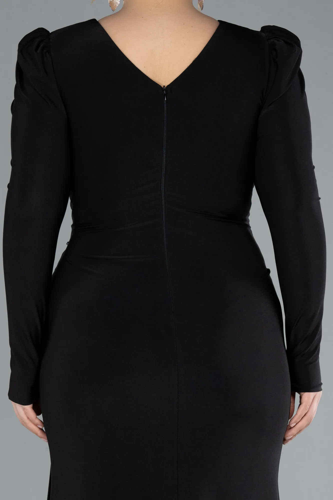 Black-Long Sleeve Slit Plus Size Evening Dress ABU4682