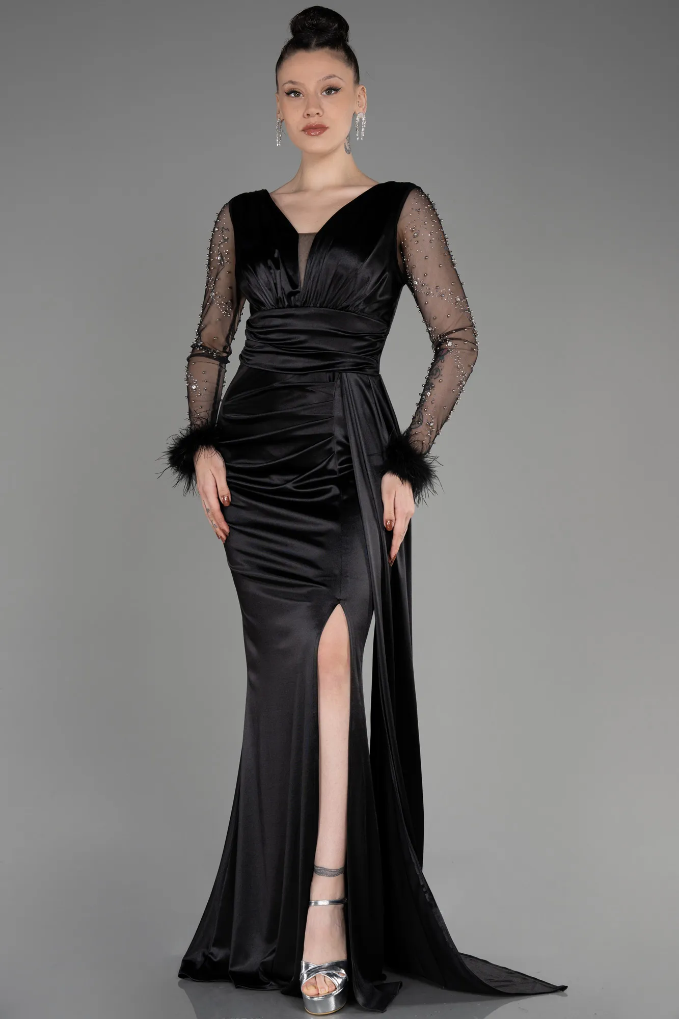 Black-Long Sleeve Slit Satin Evening Dress ABU3835