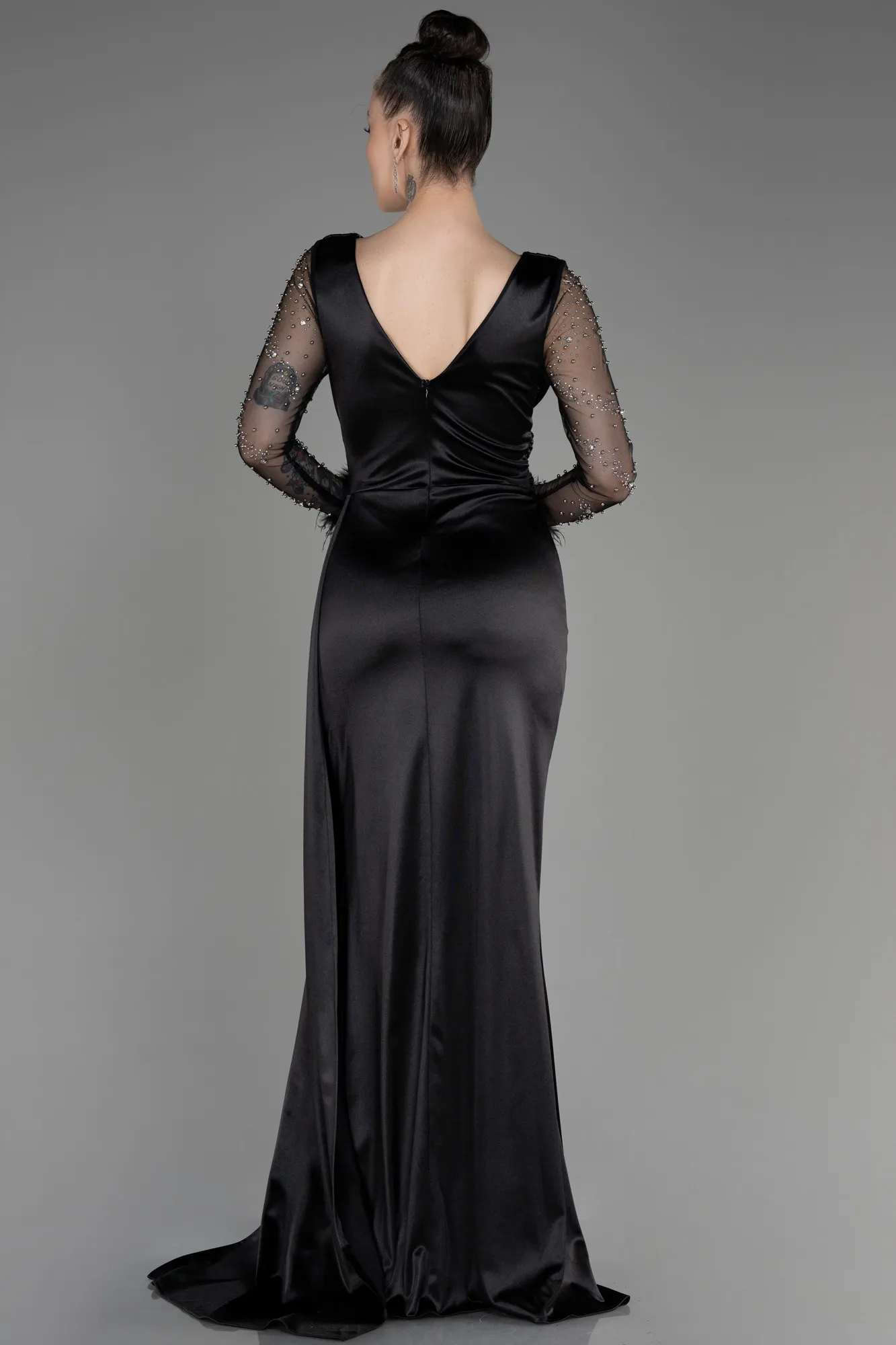 Black-Long Sleeve Slit Satin Evening Dress ABU3835
