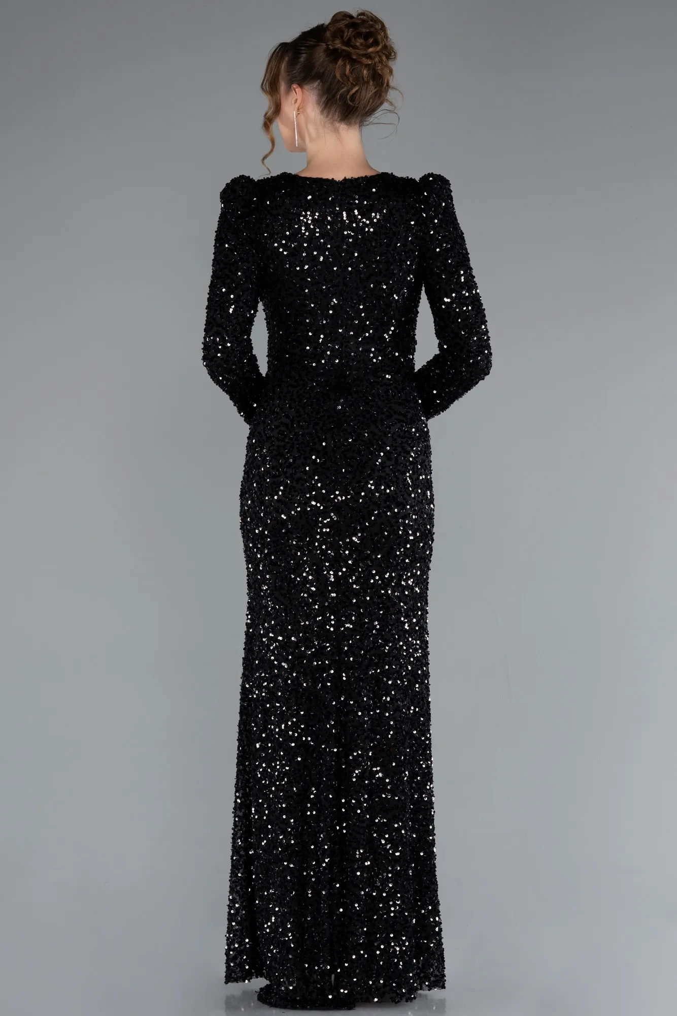 Black-Long Sleeve Slit Sequined Evening Gown ABU4329