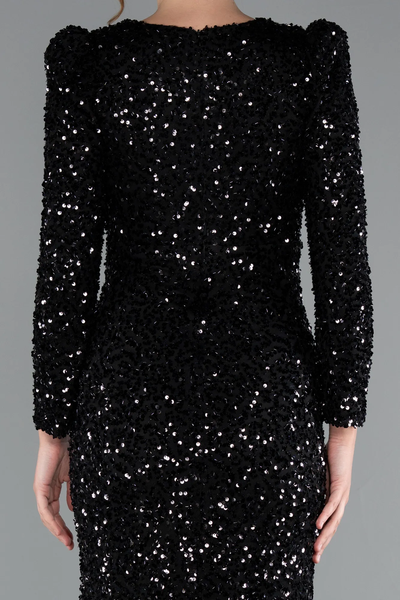 Black-Long Sleeve Slit Sequined Evening Gown ABU4329