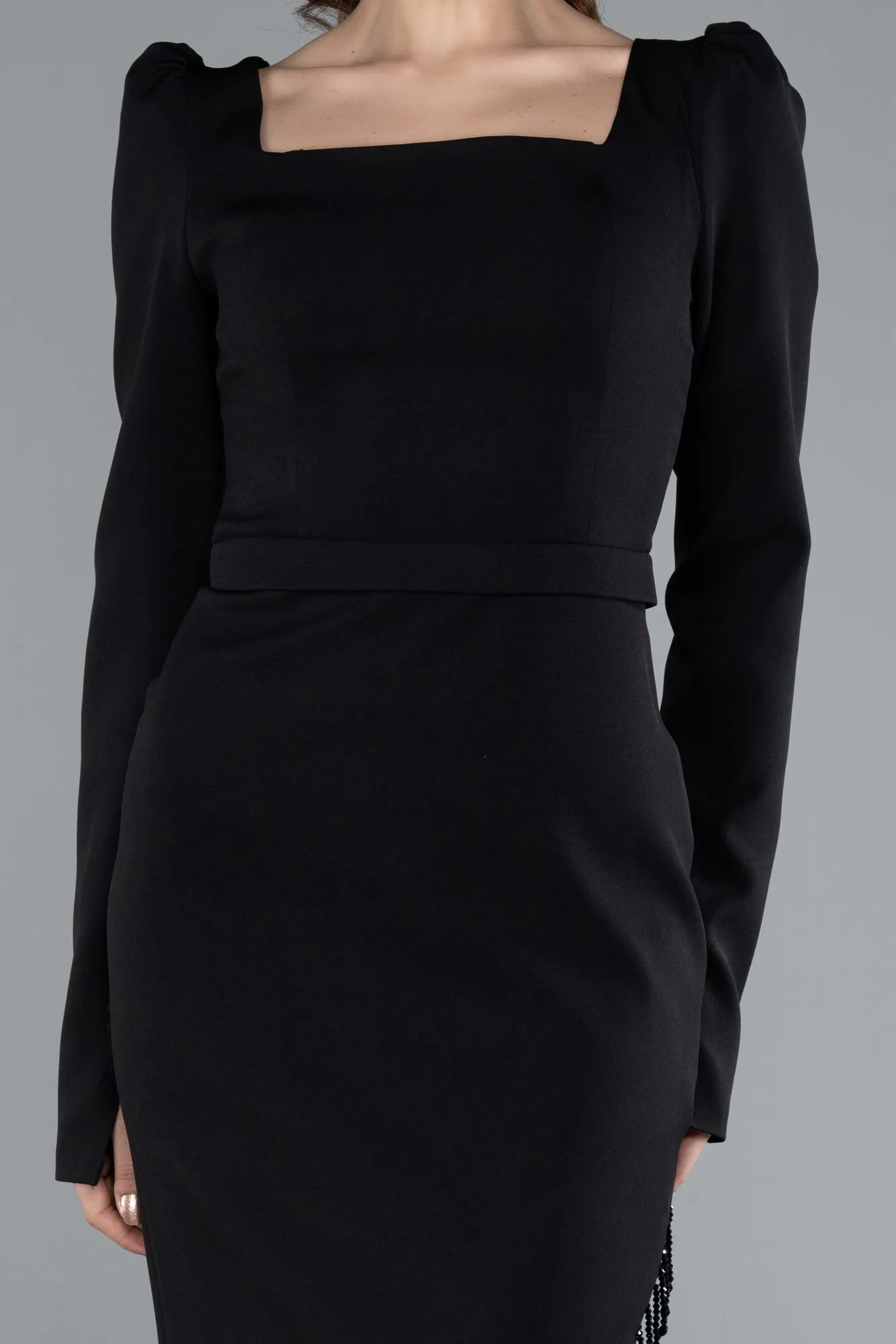 Black-Long Sleeve Square Neck Midi Cocktail Dress ABK2272