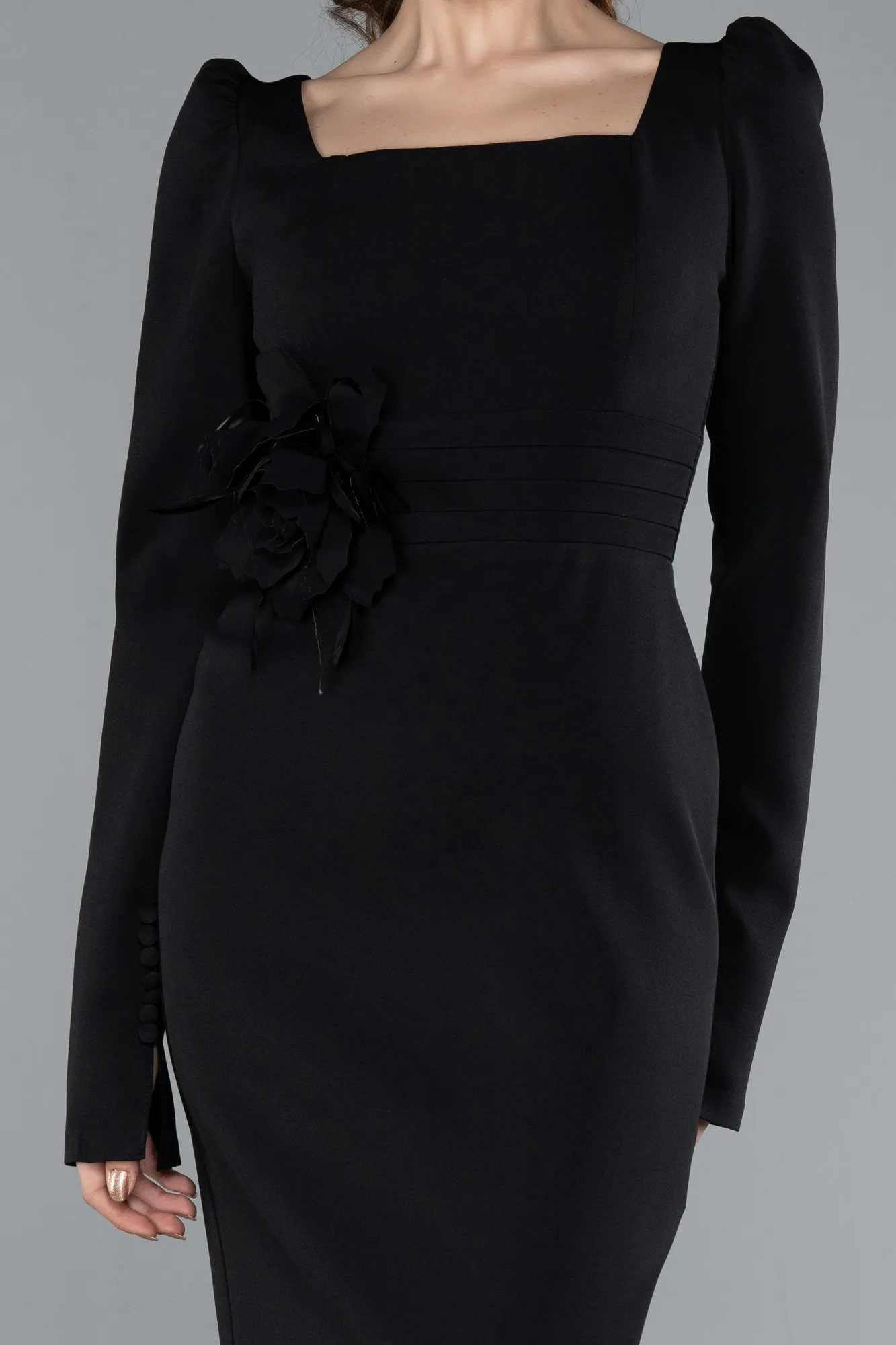 Black-Long Sleeve Square Neck Midi Invitation Dress ABK2271