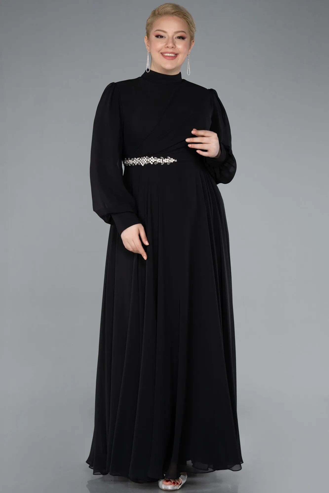 Black-Long Sleeve Stand Collar Chiffon Plus Size Hijab Evening Gown ABU4882
