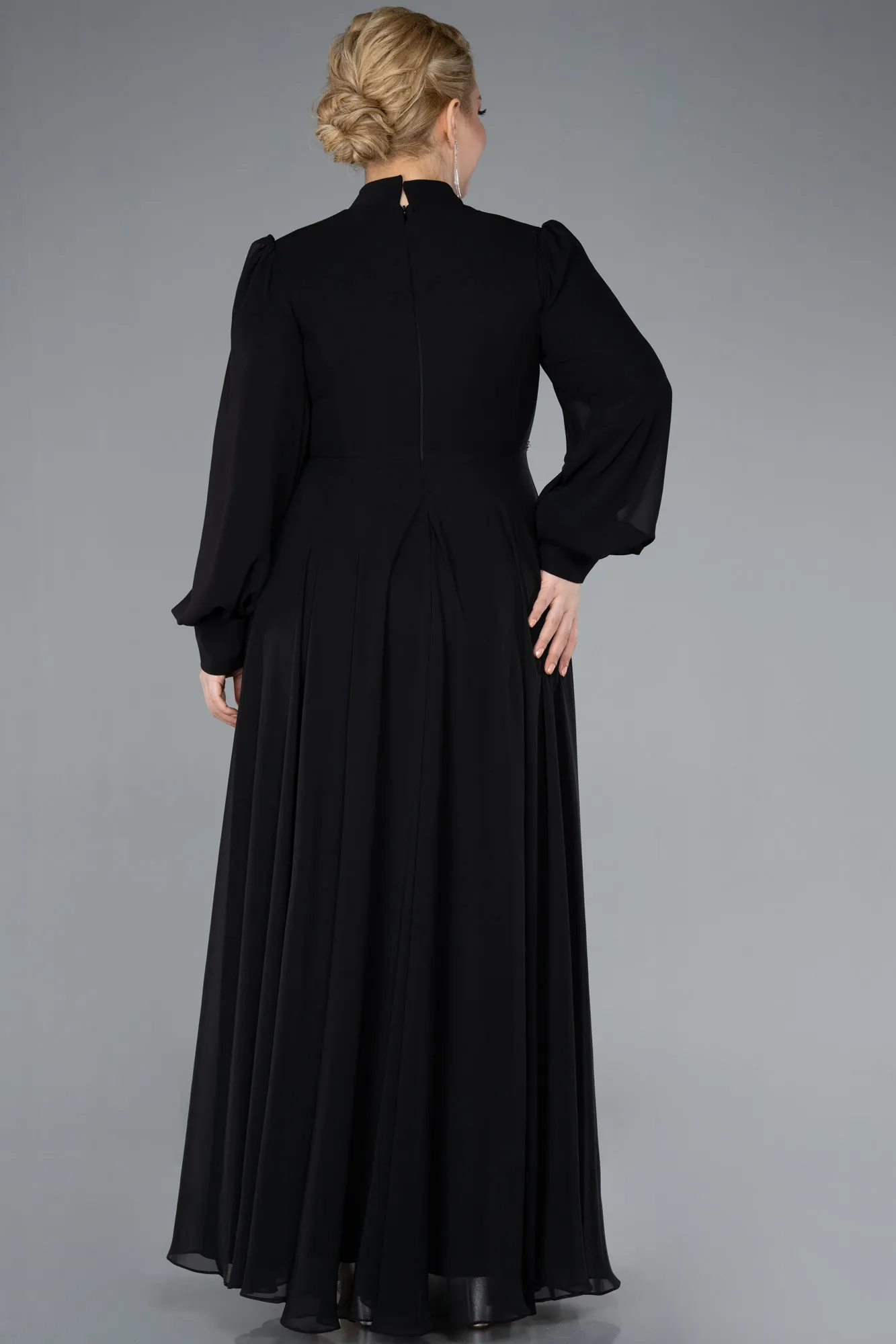 Black-Long Sleeve Stand Collar Chiffon Plus Size Hijab Evening Gown ABU4882