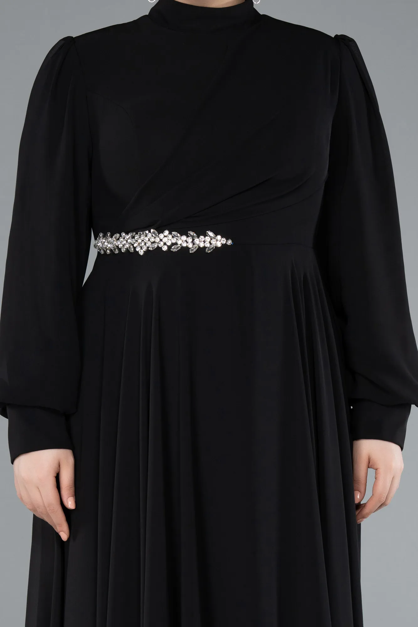 Black-Long Sleeve Stand Collar Chiffon Plus Size Hijab Evening Gown ABU4882