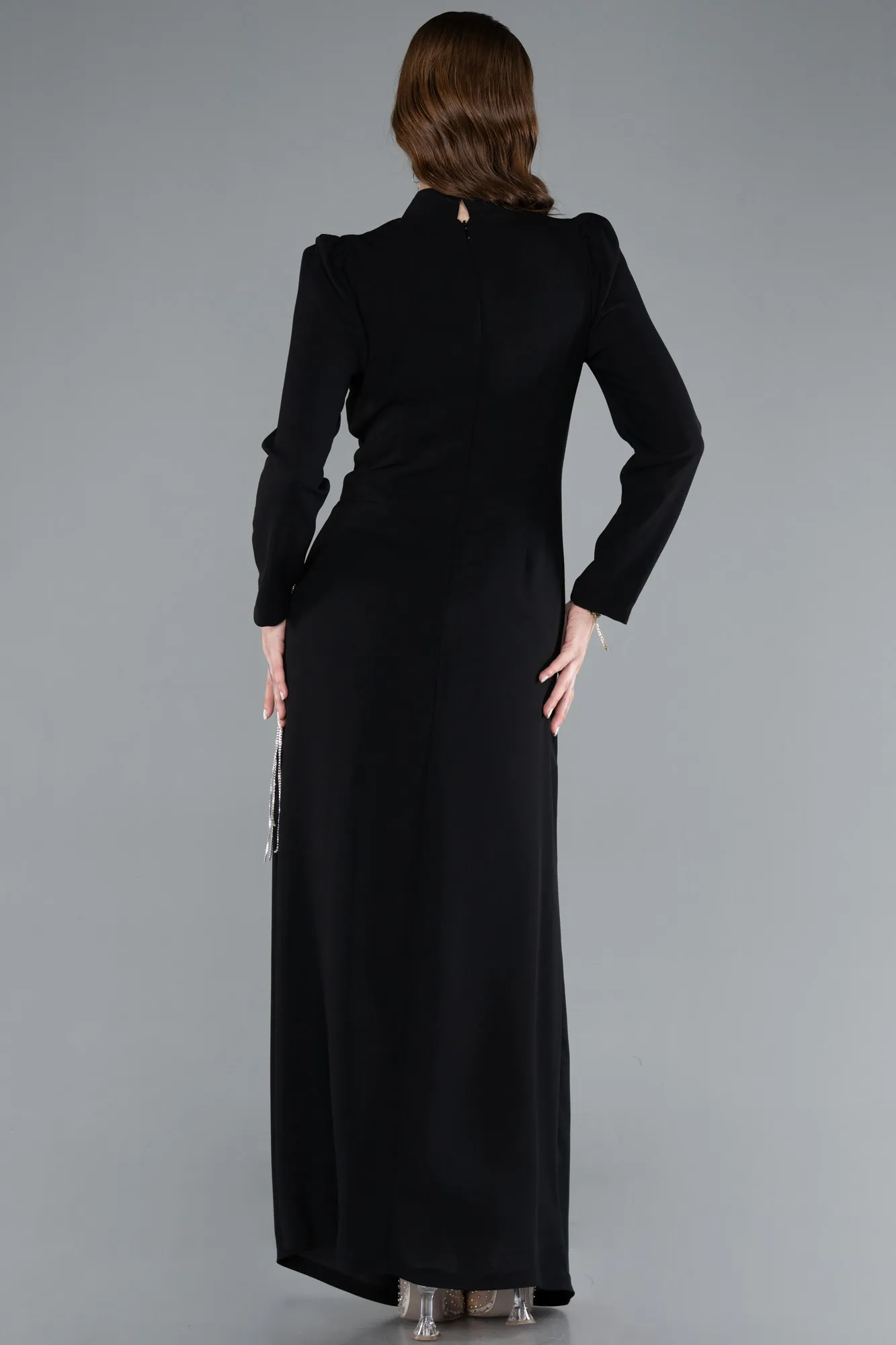 Black-Long Sleeve Stand Collar Hijab Evening Dress ABU4877