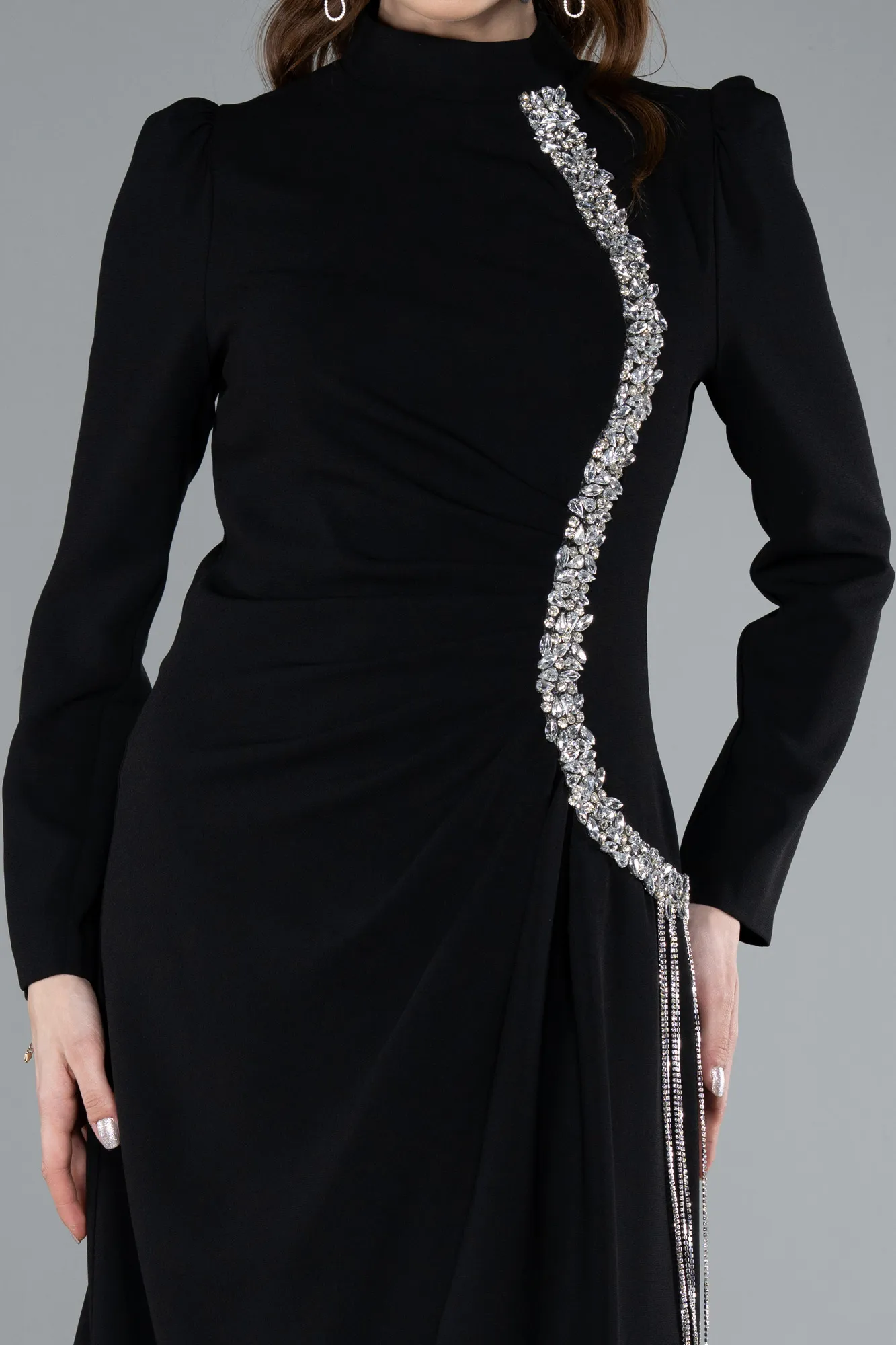 Black-Long Sleeve Stand Collar Hijab Evening Dress ABU4877
