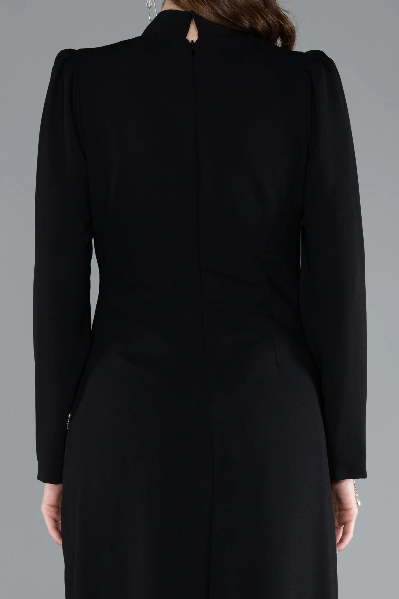 Black-Long Sleeve Stand Collar Hijab Evening Dress ABU4877