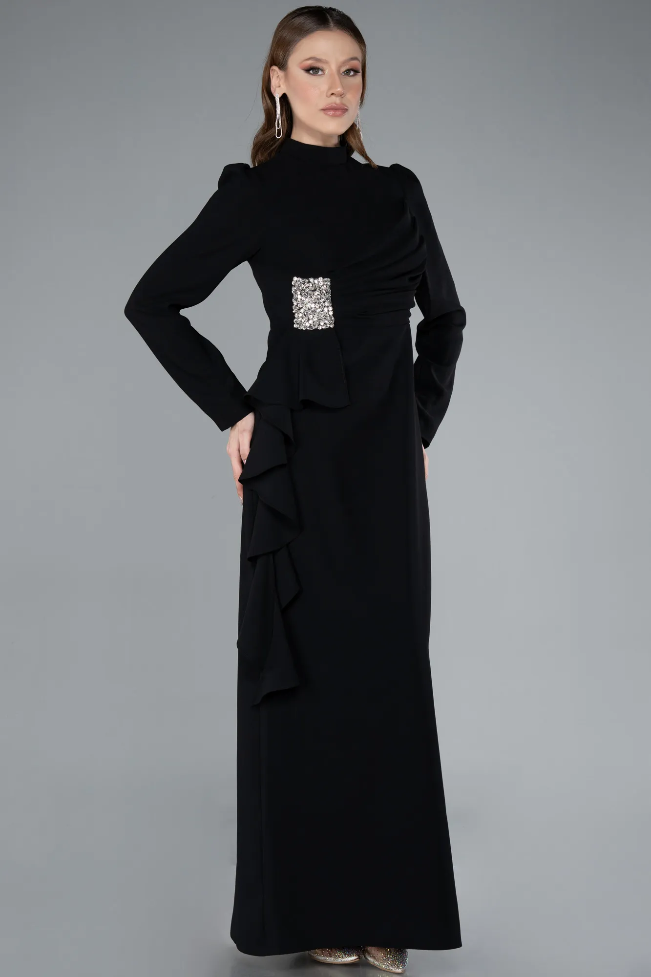Black-Long Sleeve Stand Collar Hijab Evening Dress ABU4879