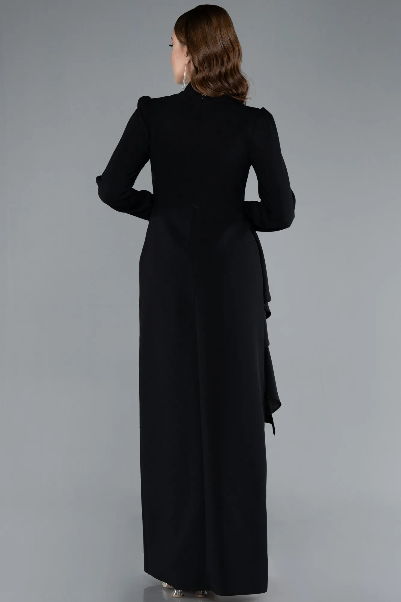Black-Long Sleeve Stand Collar Hijab Evening Dress ABU4879