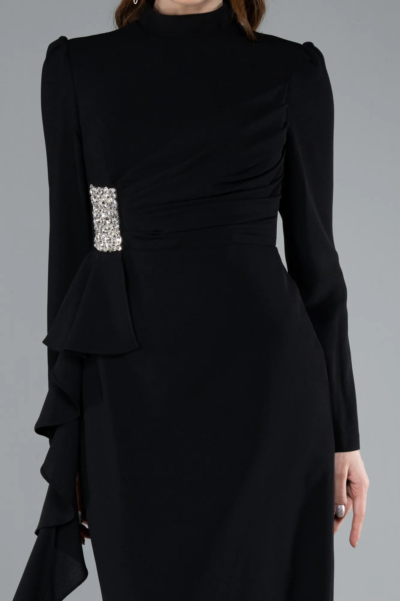 Black-Long Sleeve Stand Collar Hijab Evening Dress ABU4879