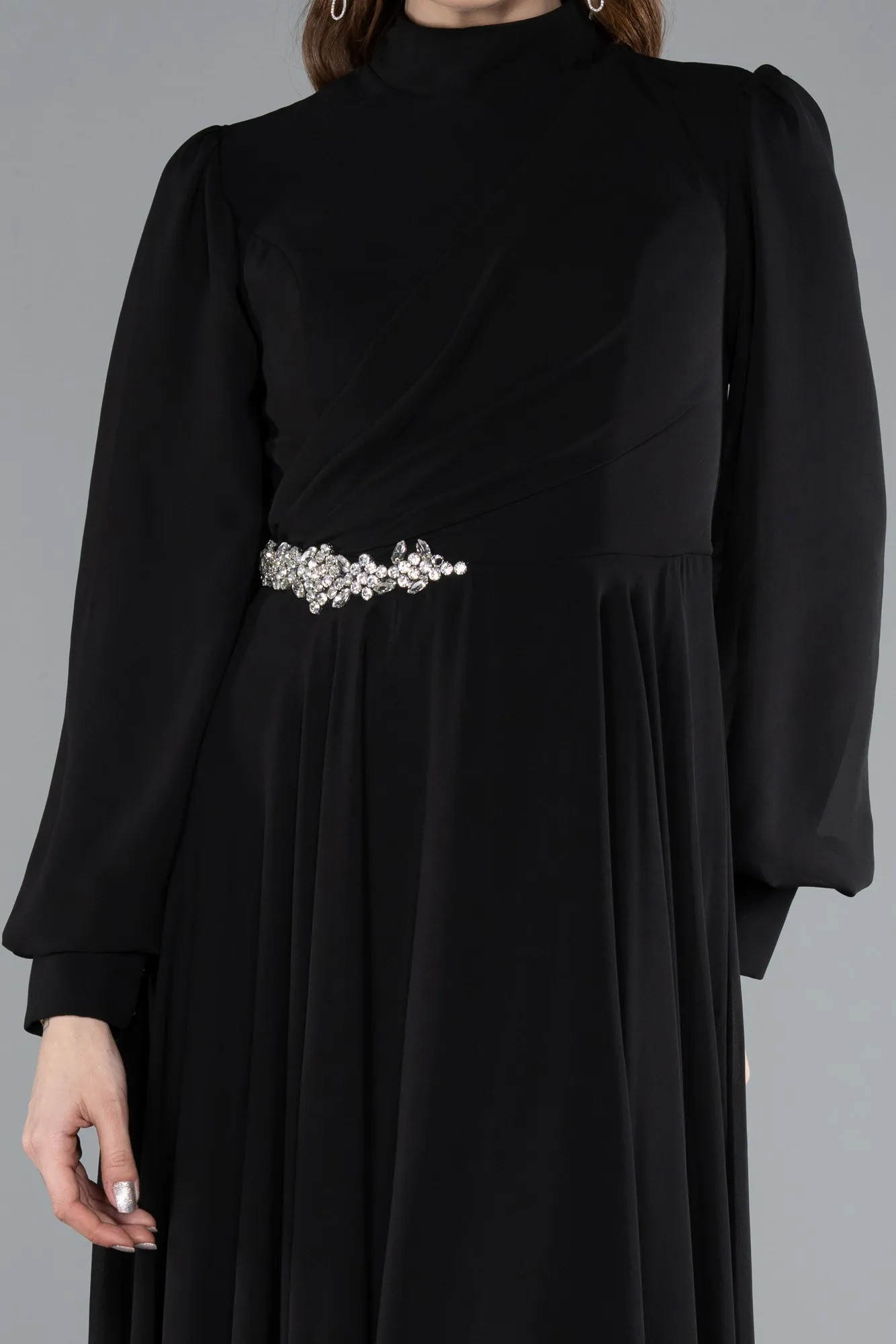 Black-Long Sleeve Stand Collar Hijab Evening Gown ABU4878
