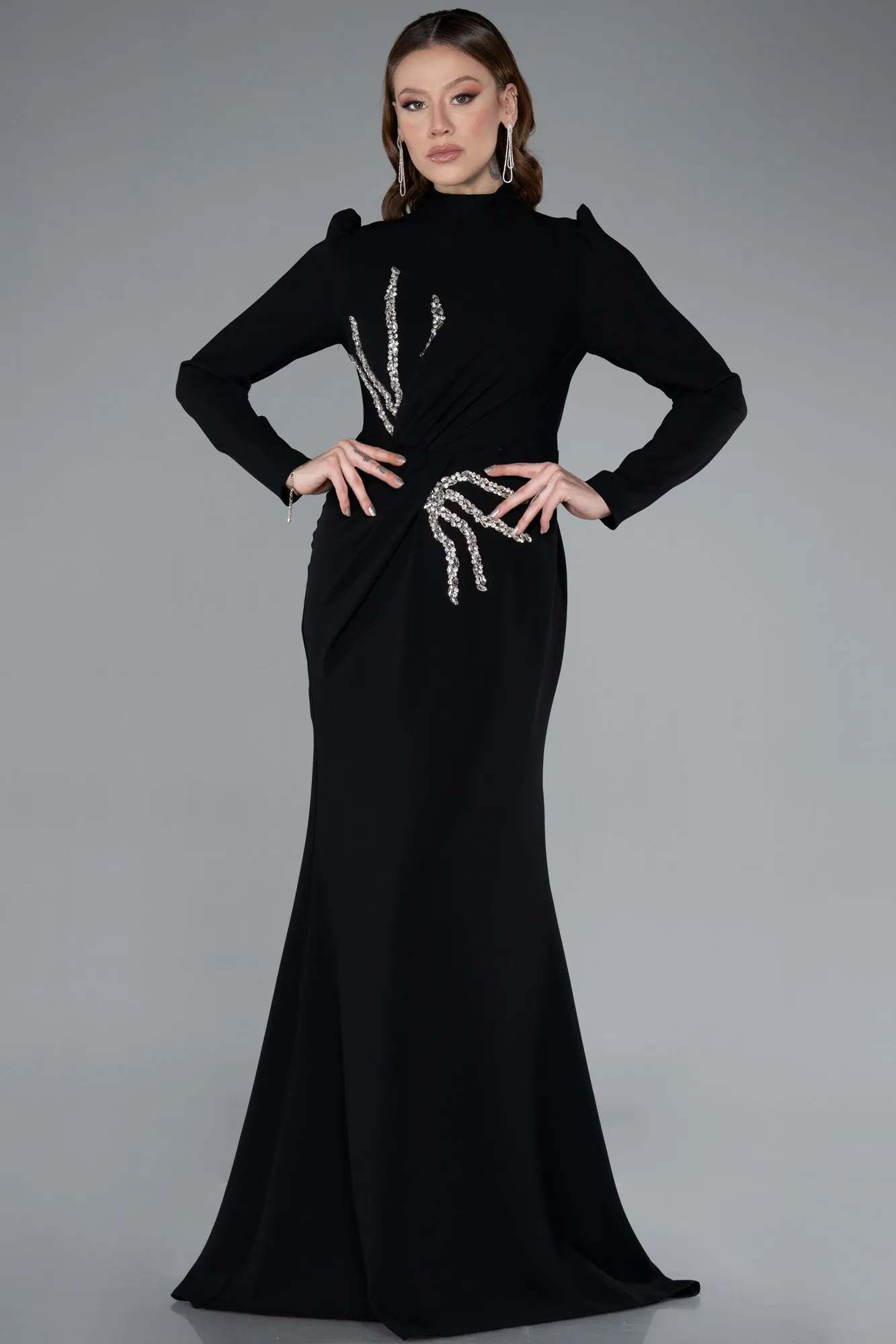 Black-Long Sleeve Stand Collar Hijab Evening Gown ABU4880