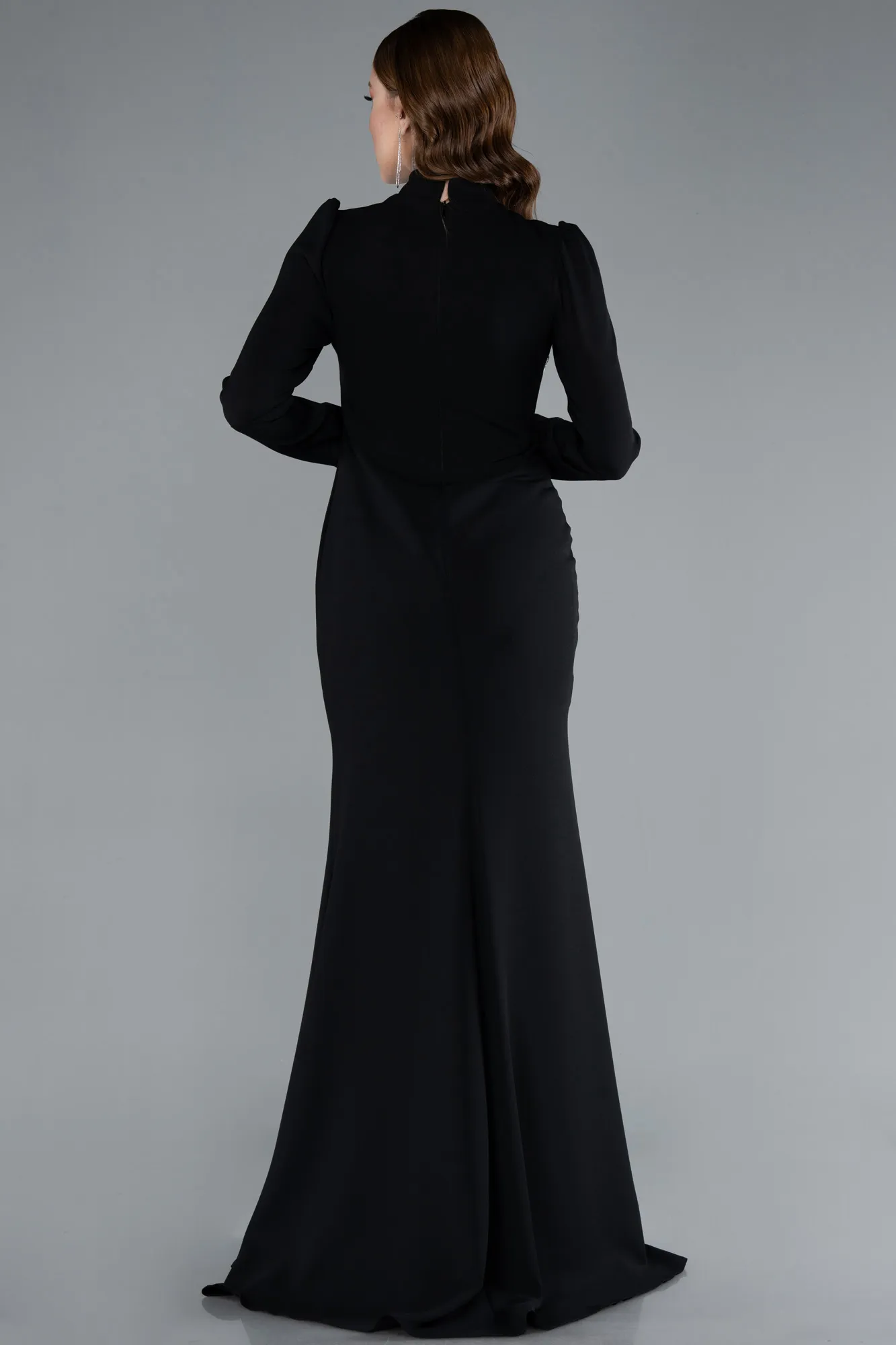 Black-Long Sleeve Stand Collar Hijab Evening Gown ABU4880
