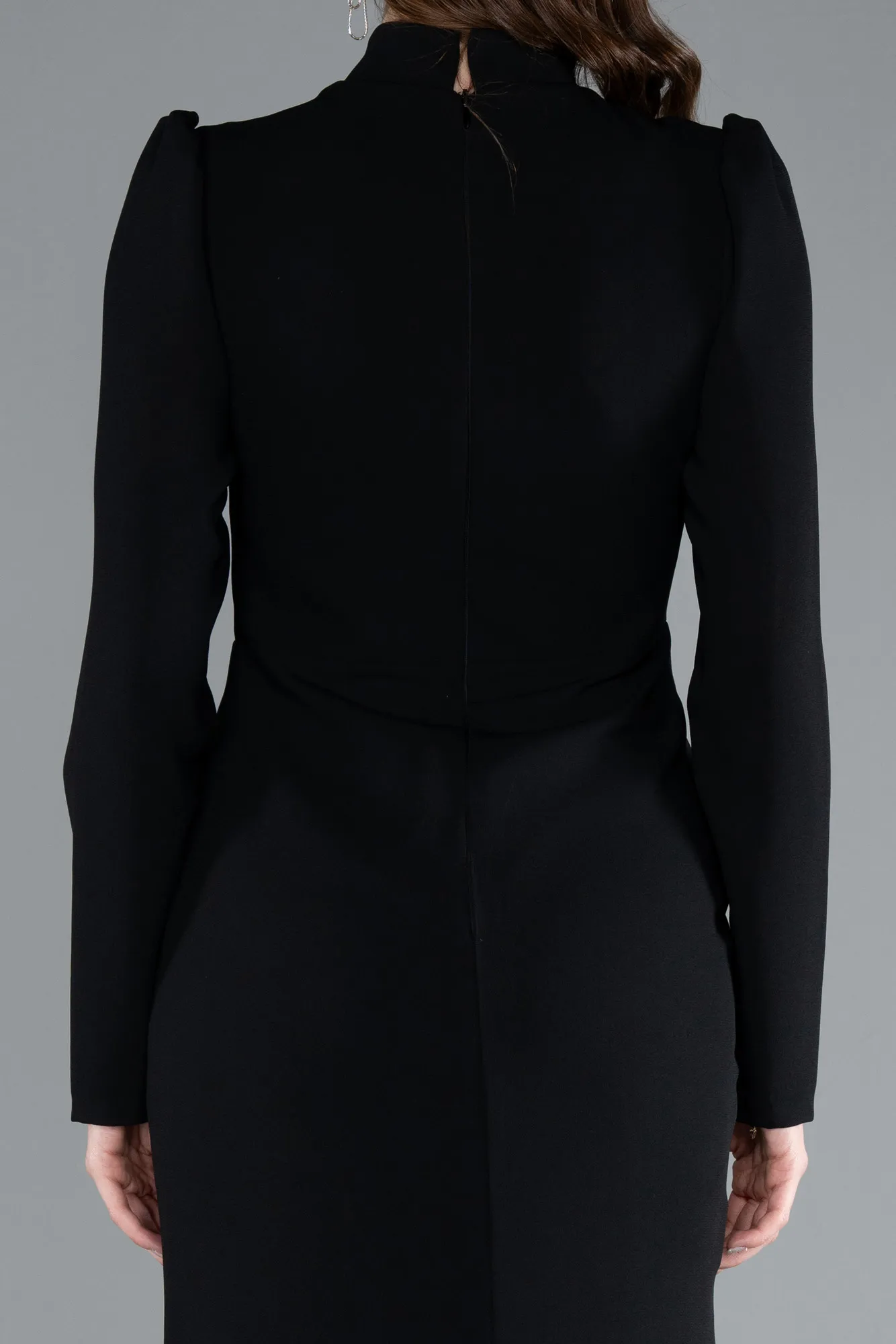 Black-Long Sleeve Stand Collar Hijab Evening Gown ABU4880