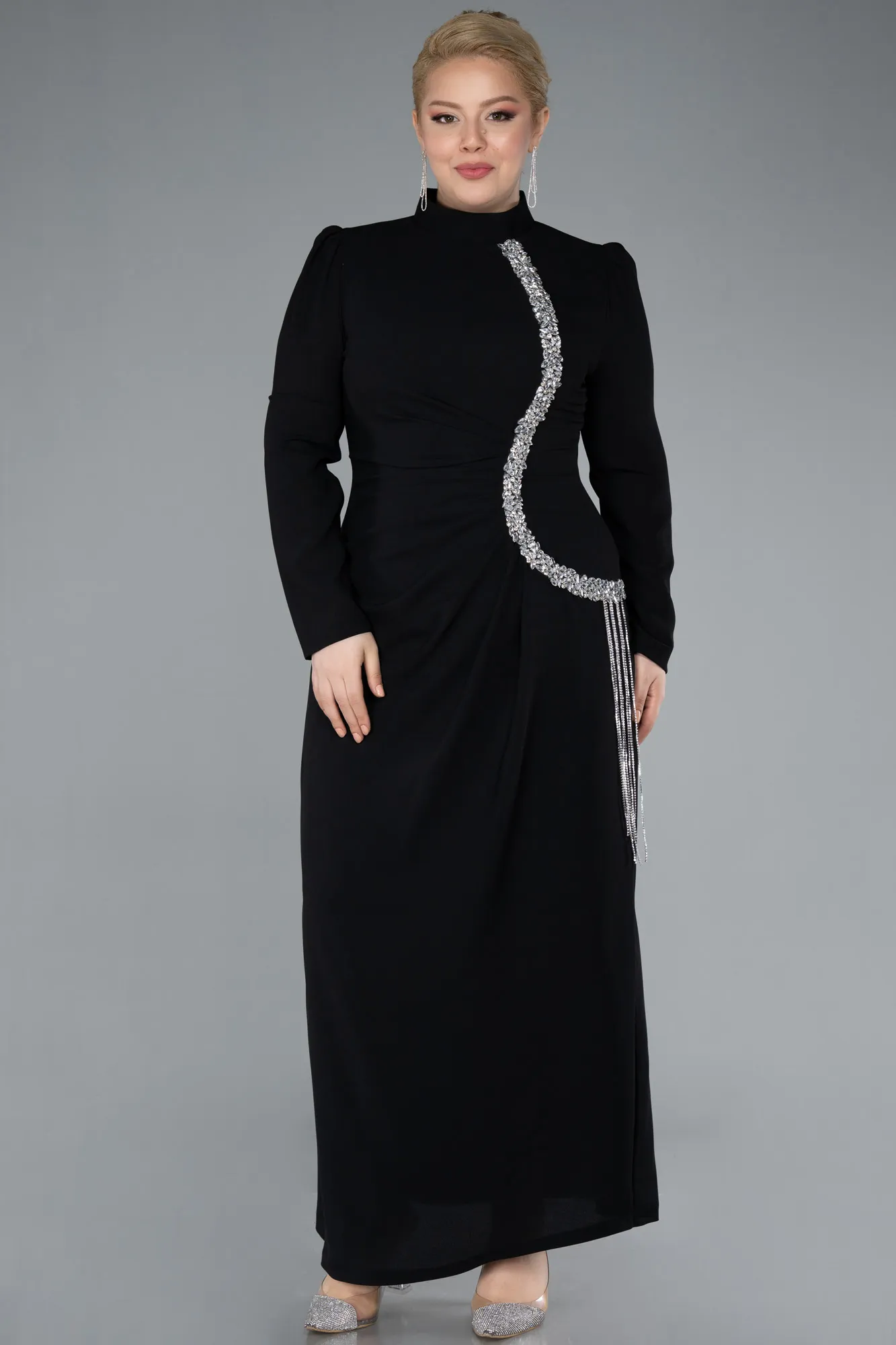 Black-Long Sleeve Stand Collar Hijab Plus Size Evening Dress ABU4881
