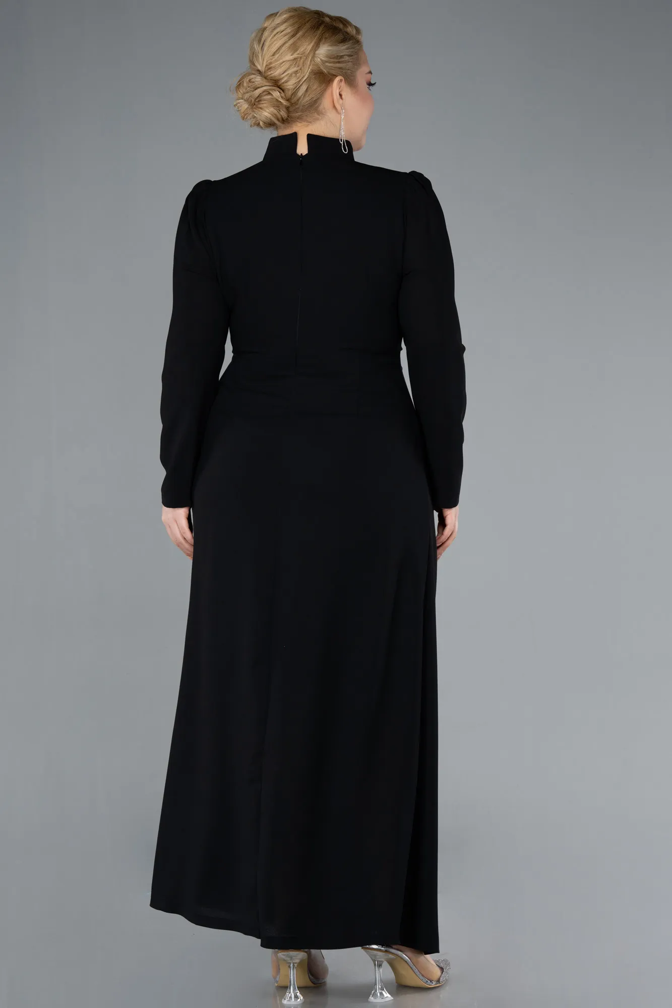 Black-Long Sleeve Stand Collar Hijab Plus Size Evening Dress ABU4881
