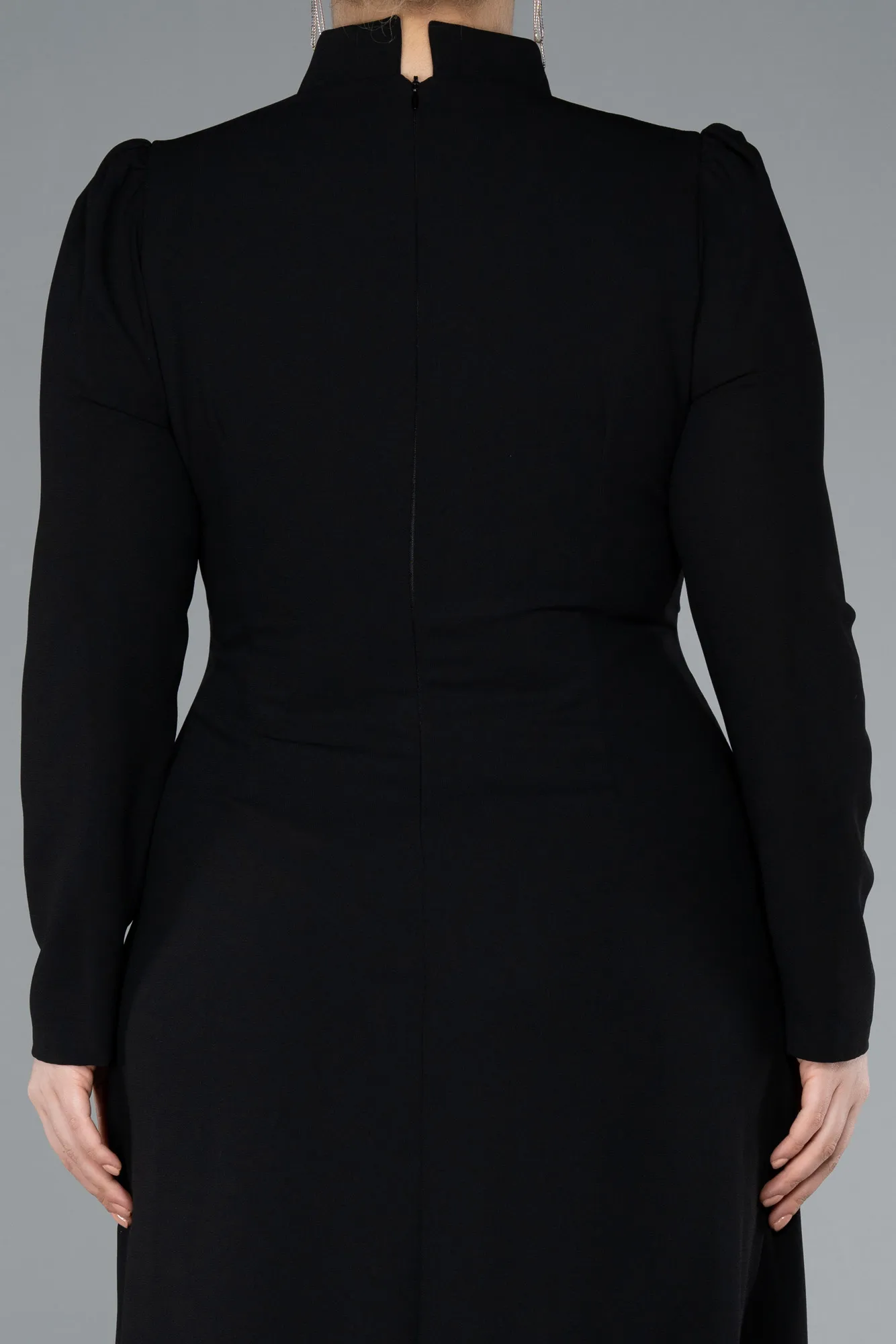 Black-Long Sleeve Stand Collar Hijab Plus Size Evening Dress ABU4881