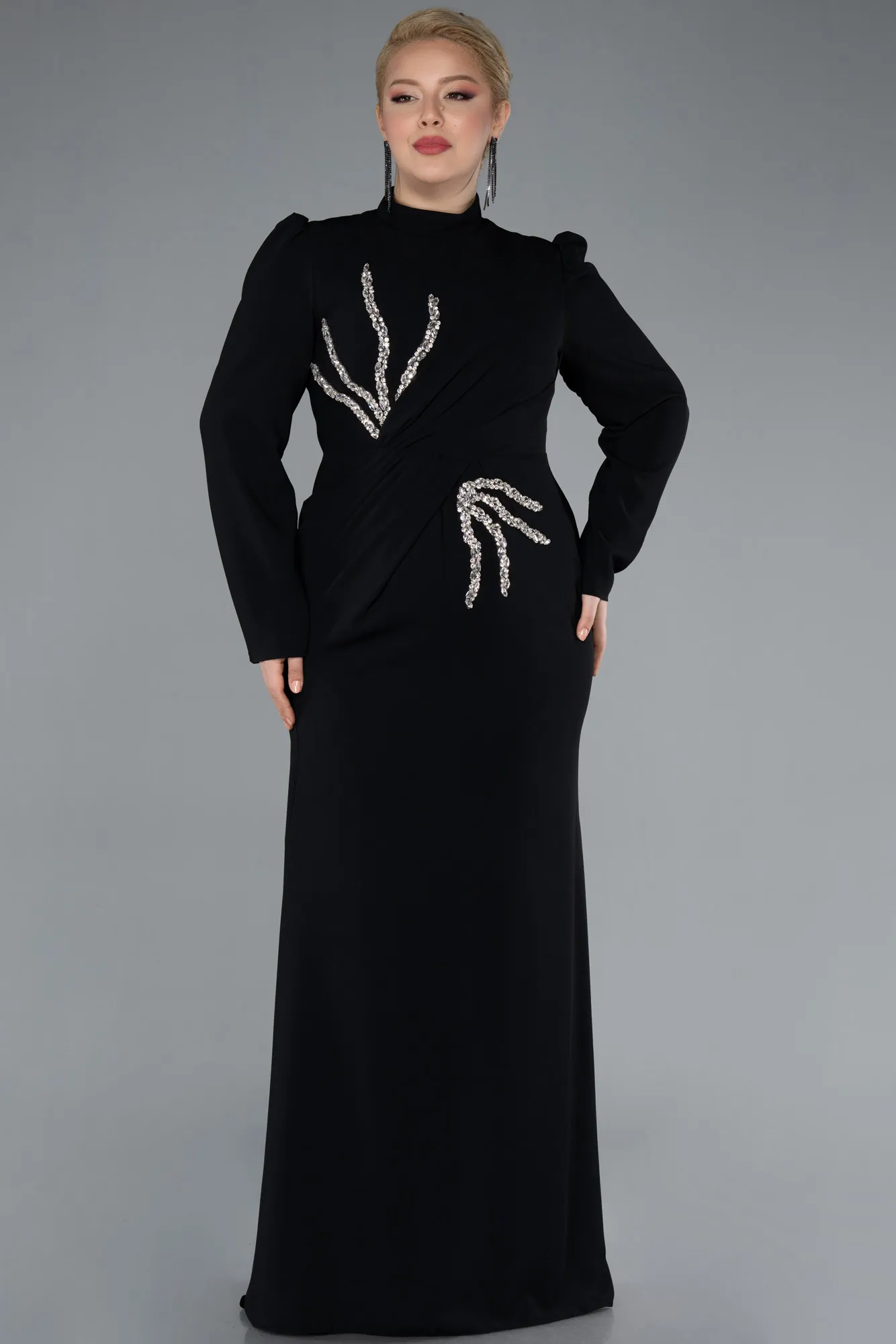 Black-Long Sleeve Stand Collar Hijab Plus Size Evening Gown ABU4883