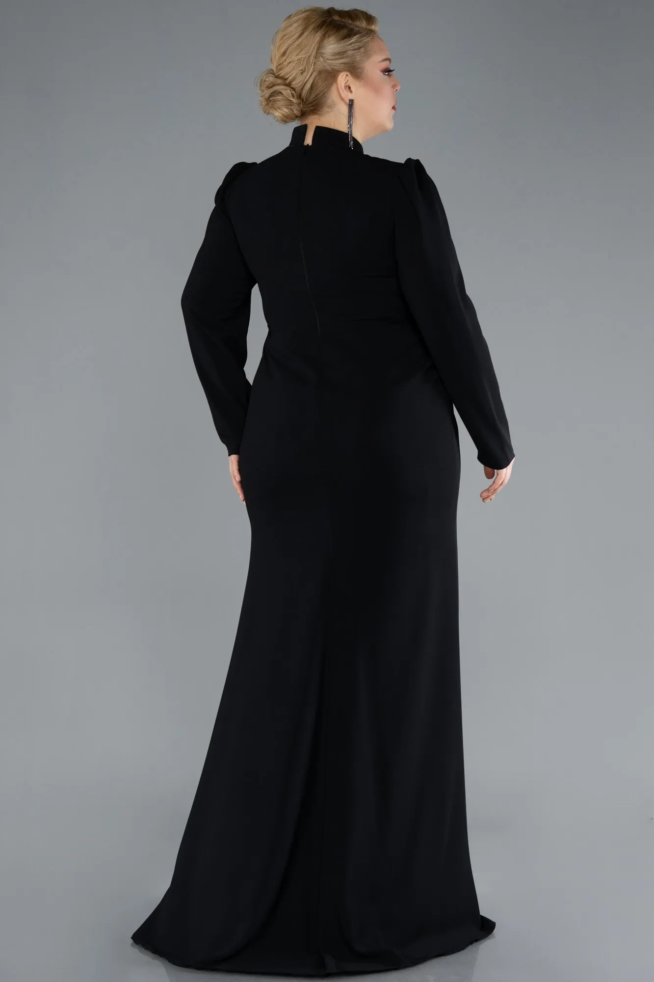 Black-Long Sleeve Stand Collar Hijab Plus Size Evening Gown ABU4883