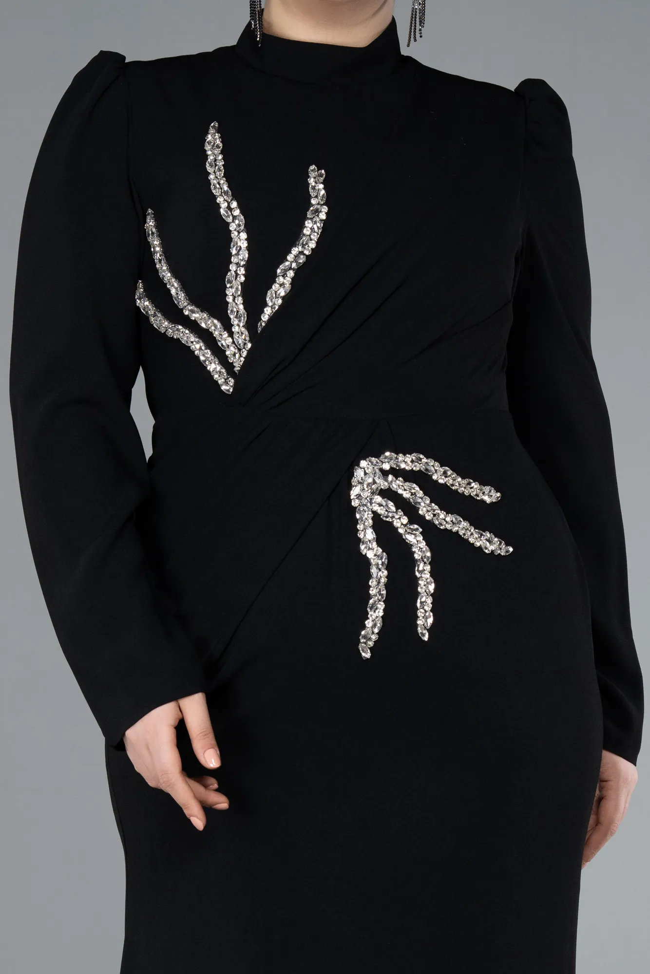 Black-Long Sleeve Stand Collar Hijab Plus Size Evening Gown ABU4883