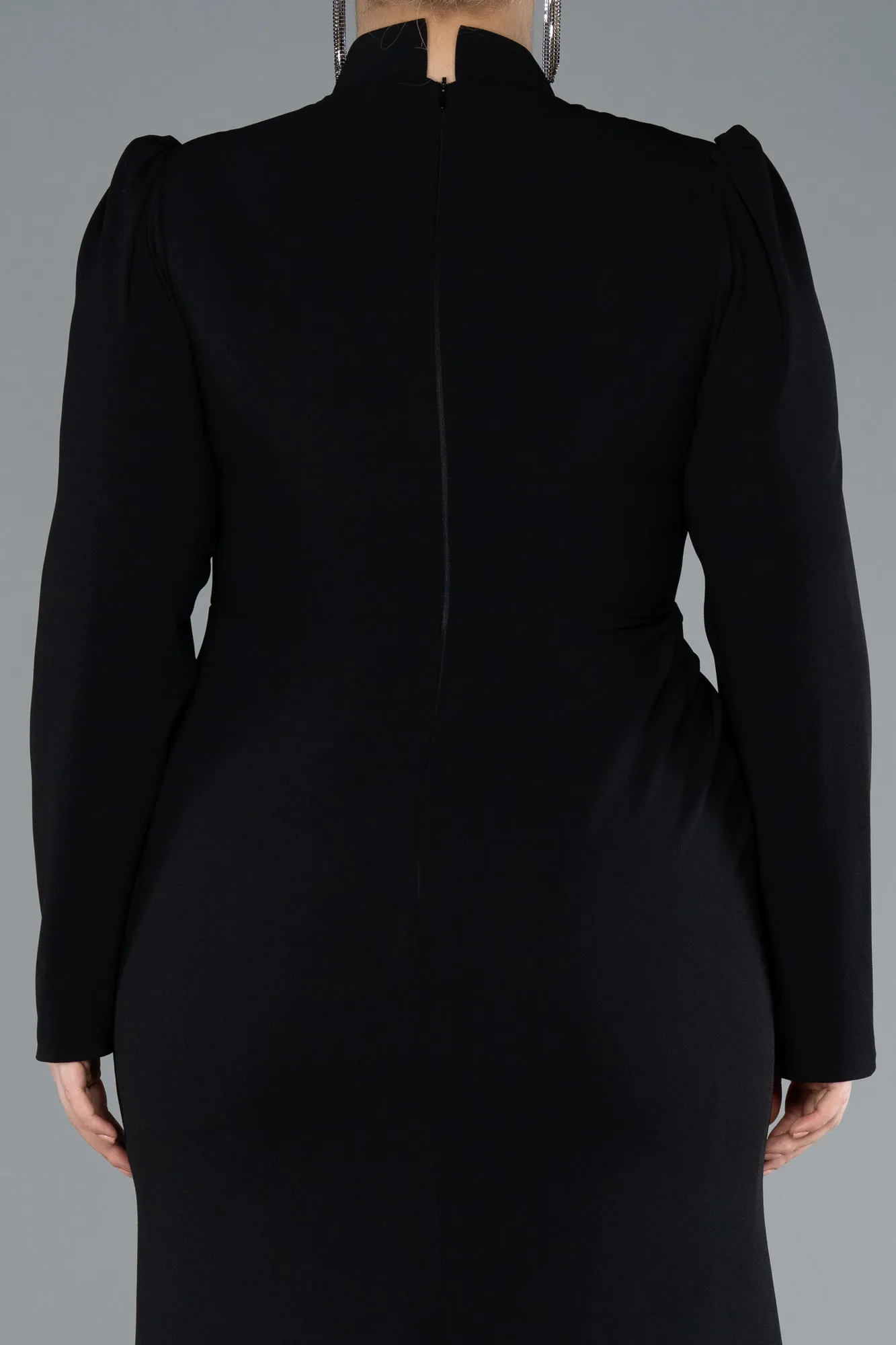Black-Long Sleeve Stand Collar Hijab Plus Size Evening Gown ABU4883