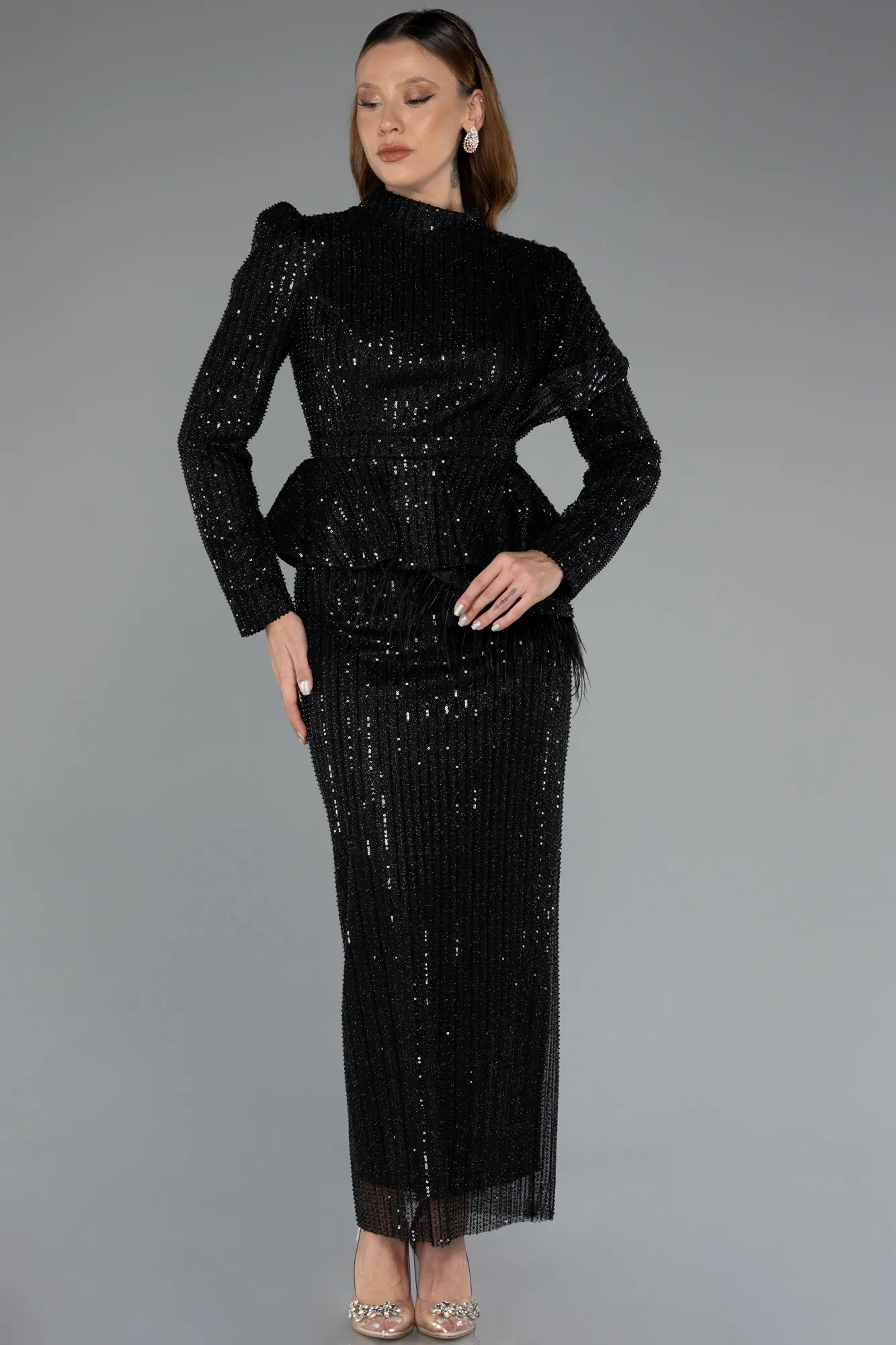 Black-Long Sleeve Stand Collar Midi Beaded Evening Gown ABK2346