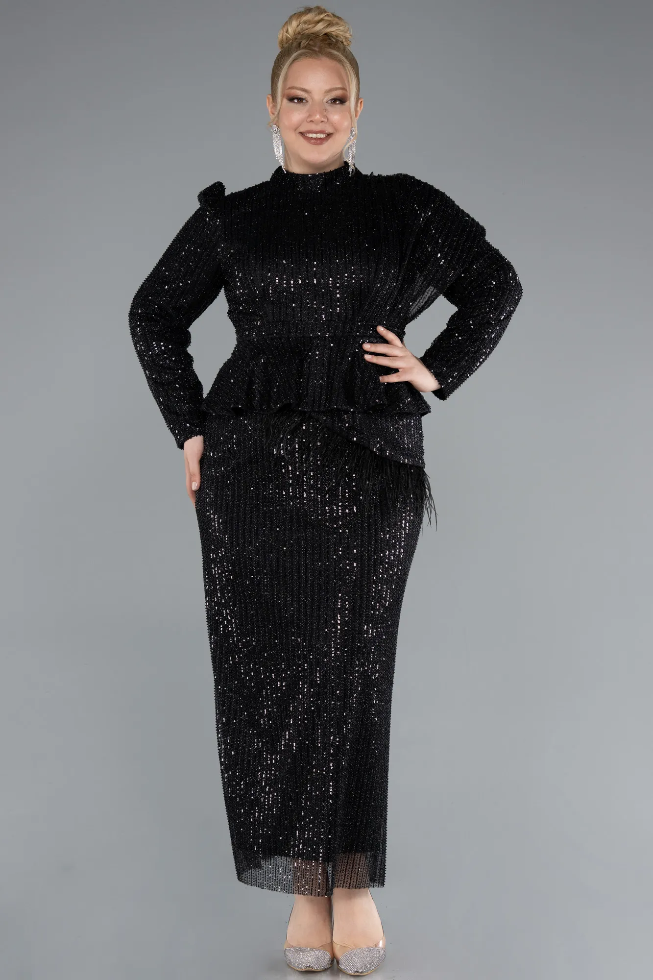 Black-Long Sleeve Stand Collar Midi Beaded Plus Size Evening Gown ABK2294