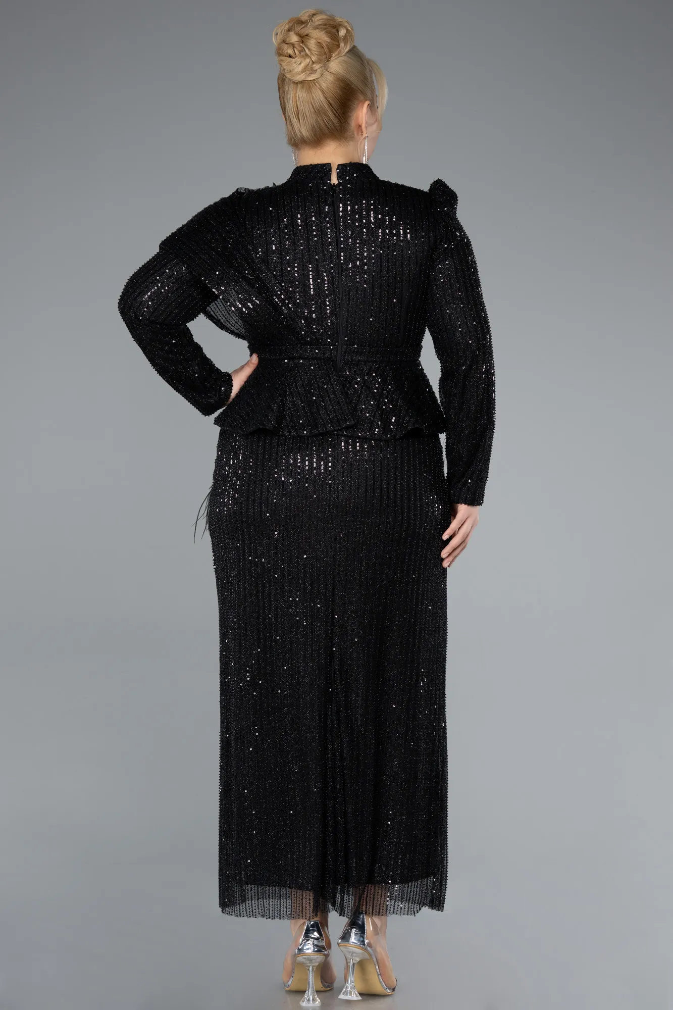 Black-Long Sleeve Stand Collar Midi Beaded Plus Size Evening Gown ABK2294