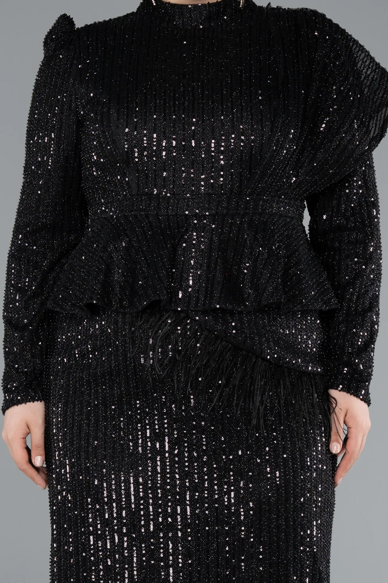 Black-Long Sleeve Stand Collar Midi Beaded Plus Size Evening Gown ABK2294