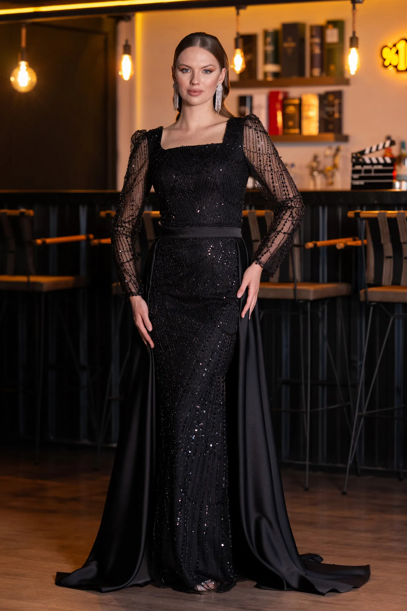 Black-Long Sleeve Stone Embellished Satin Train Evening Dress ABU4603