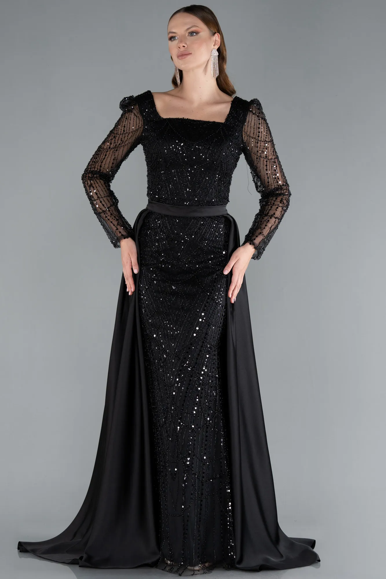 Black-Long Sleeve Stone Embellished Satin Train Evening Dress ABU4603