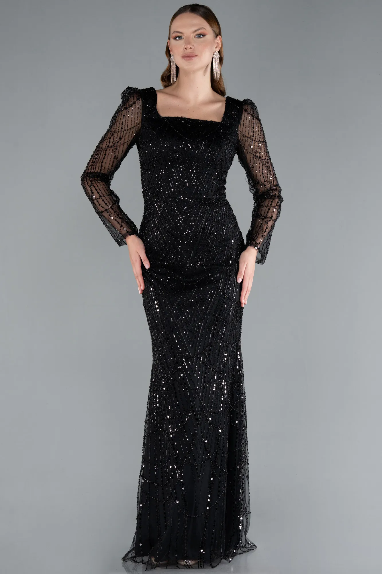 Black-Long Sleeve Stone Embellished Satin Train Evening Dress ABU4603