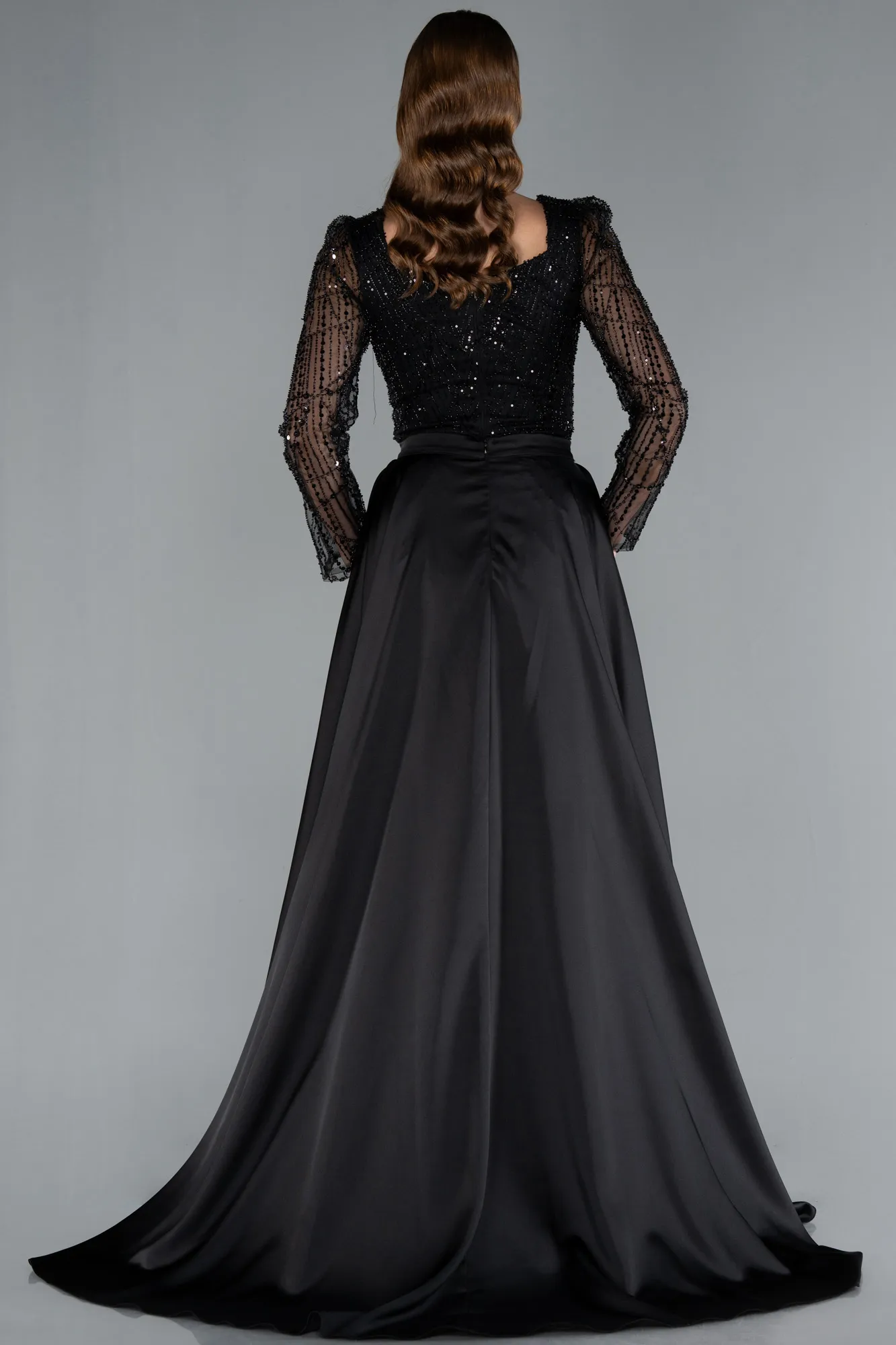 Black-Long Sleeve Stone Embellished Satin Train Evening Dress ABU4603