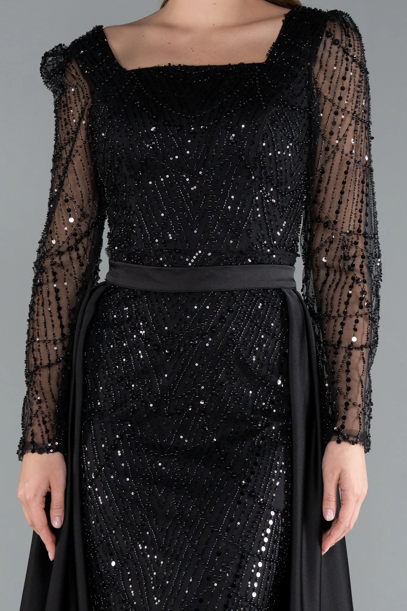 Black-Long Sleeve Stone Embellished Satin Train Evening Dress ABU4603