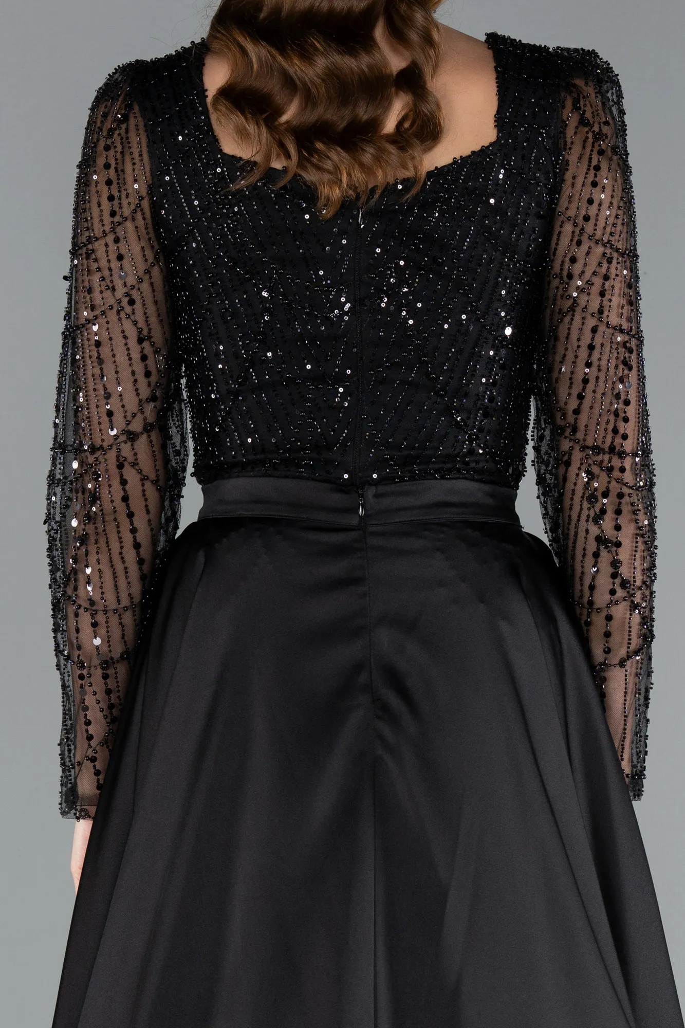 Black-Long Sleeve Stone Embellished Satin Train Evening Dress ABU4603