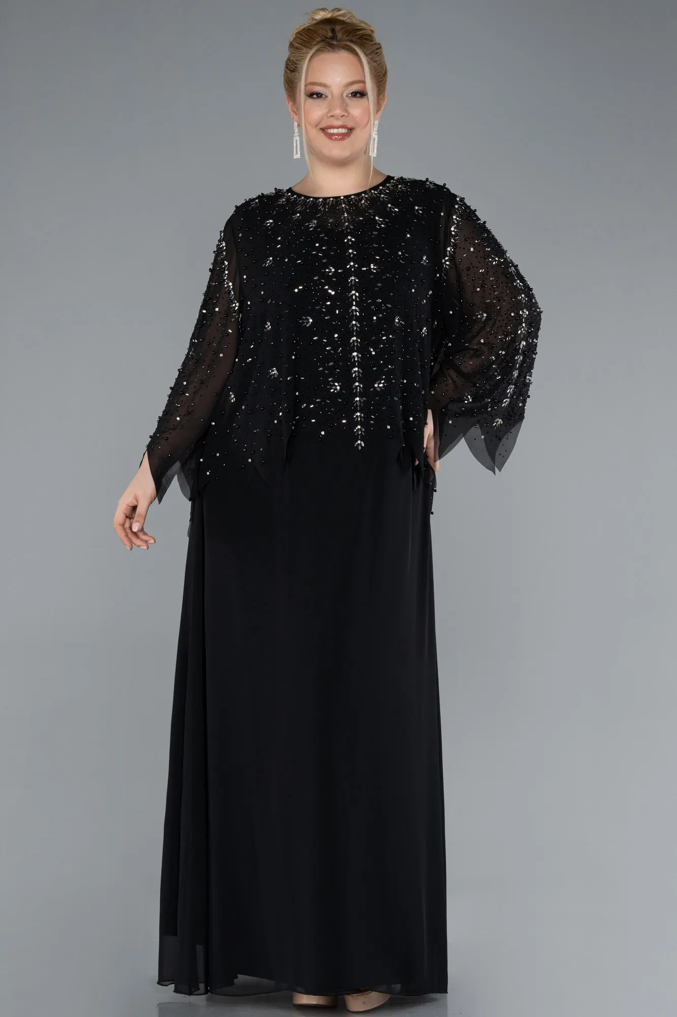 Black-Long Sleeve Stoned Chiffon Plus Size Evening Dress ABU4396