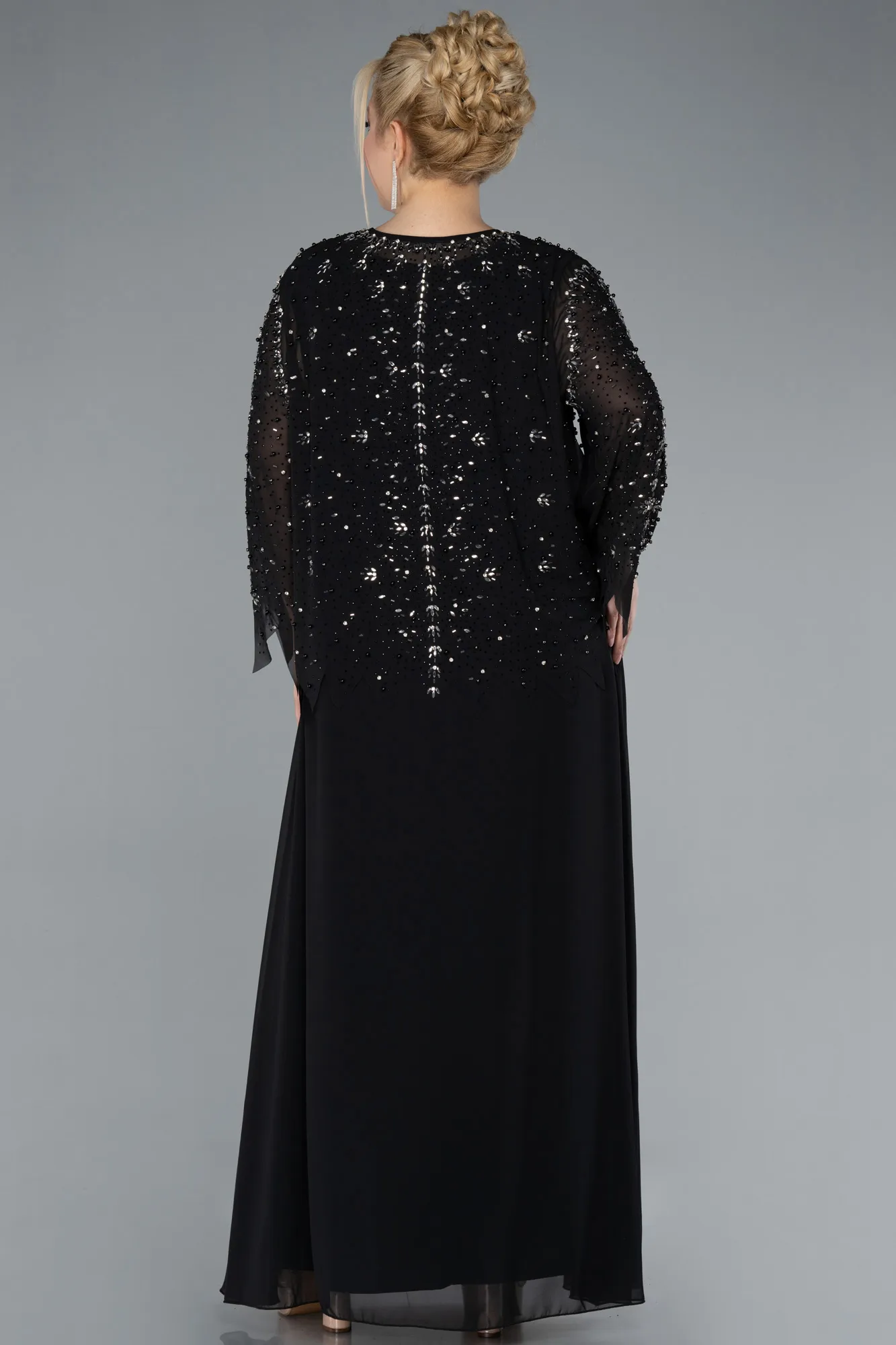 Black-Long Sleeve Stoned Chiffon Plus Size Evening Dress ABU4396