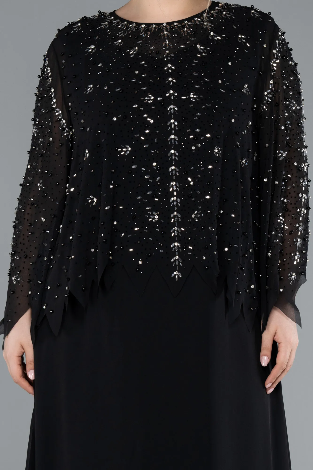 Black-Long Sleeve Stoned Chiffon Plus Size Evening Dress ABU4396